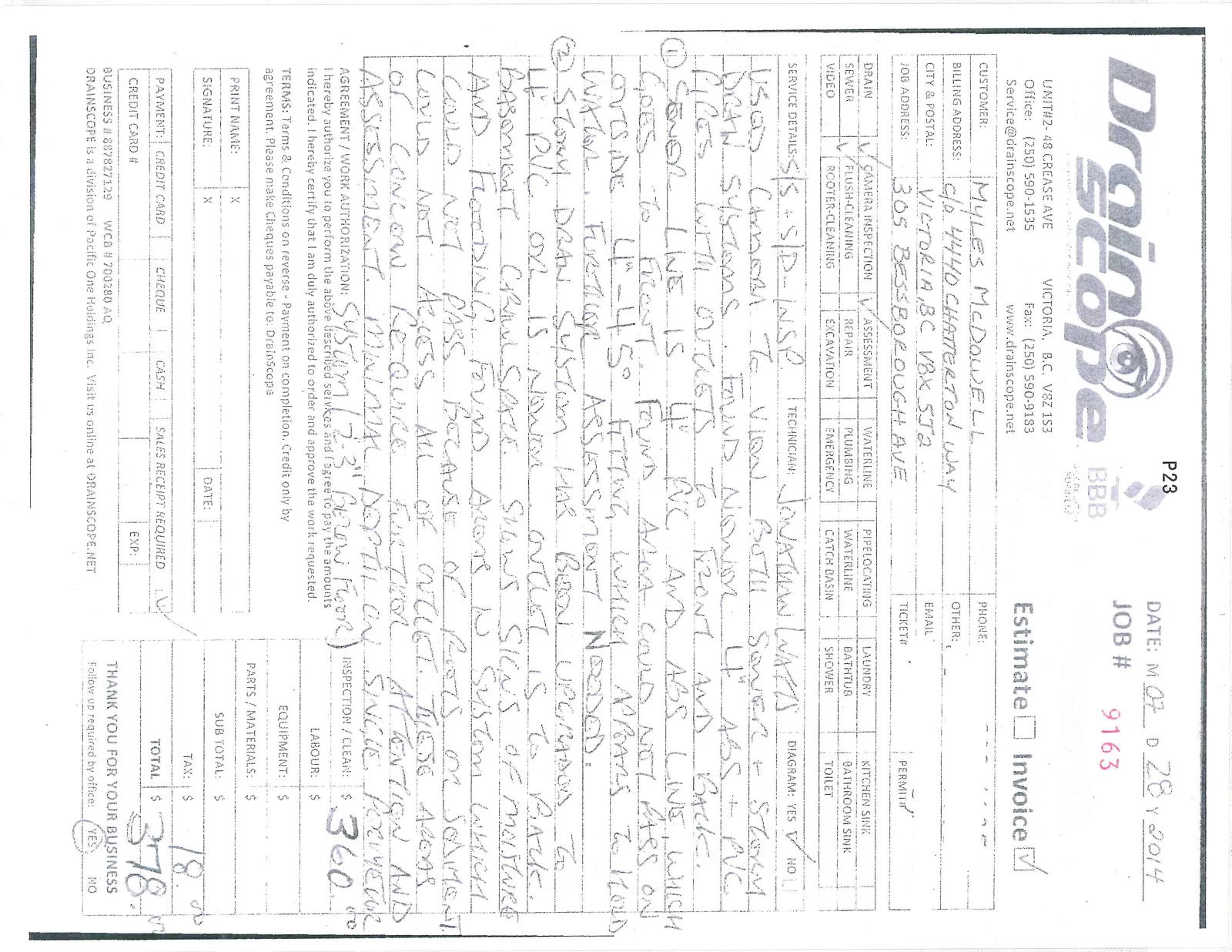 Invoice document detailing sewer and storm drain inspection results for 305 Bessborough Ave