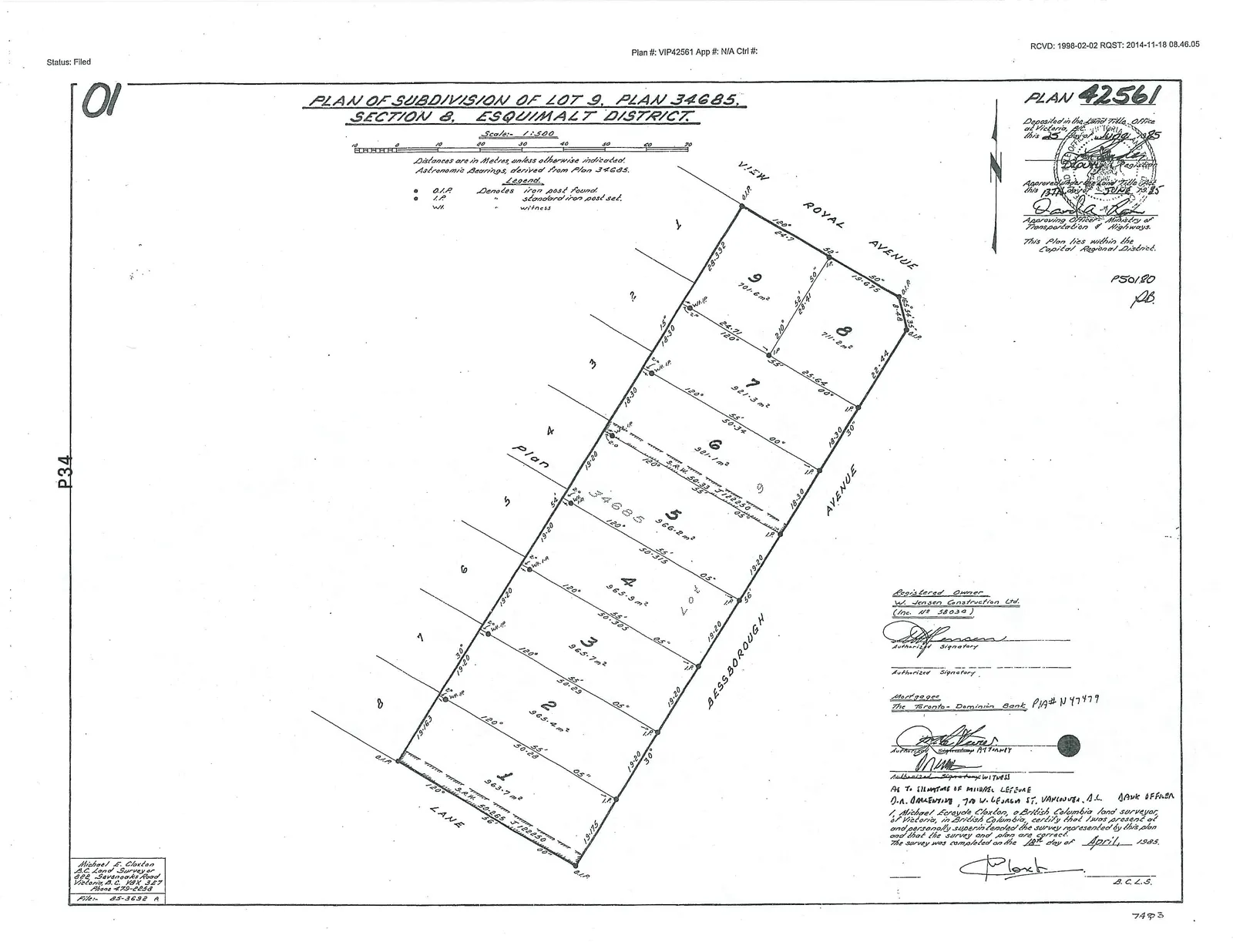 Survey plan depicting the subdivision of Lot 9 into nine individual parcels (Lots 1-9). The plan shows boundary dimensions, lot areas in square meters, and technical survey markers. The property is bounded by View Royal Avenue to the northeast, Bessborough Avenue to the southeast, and a lane to the southwest.