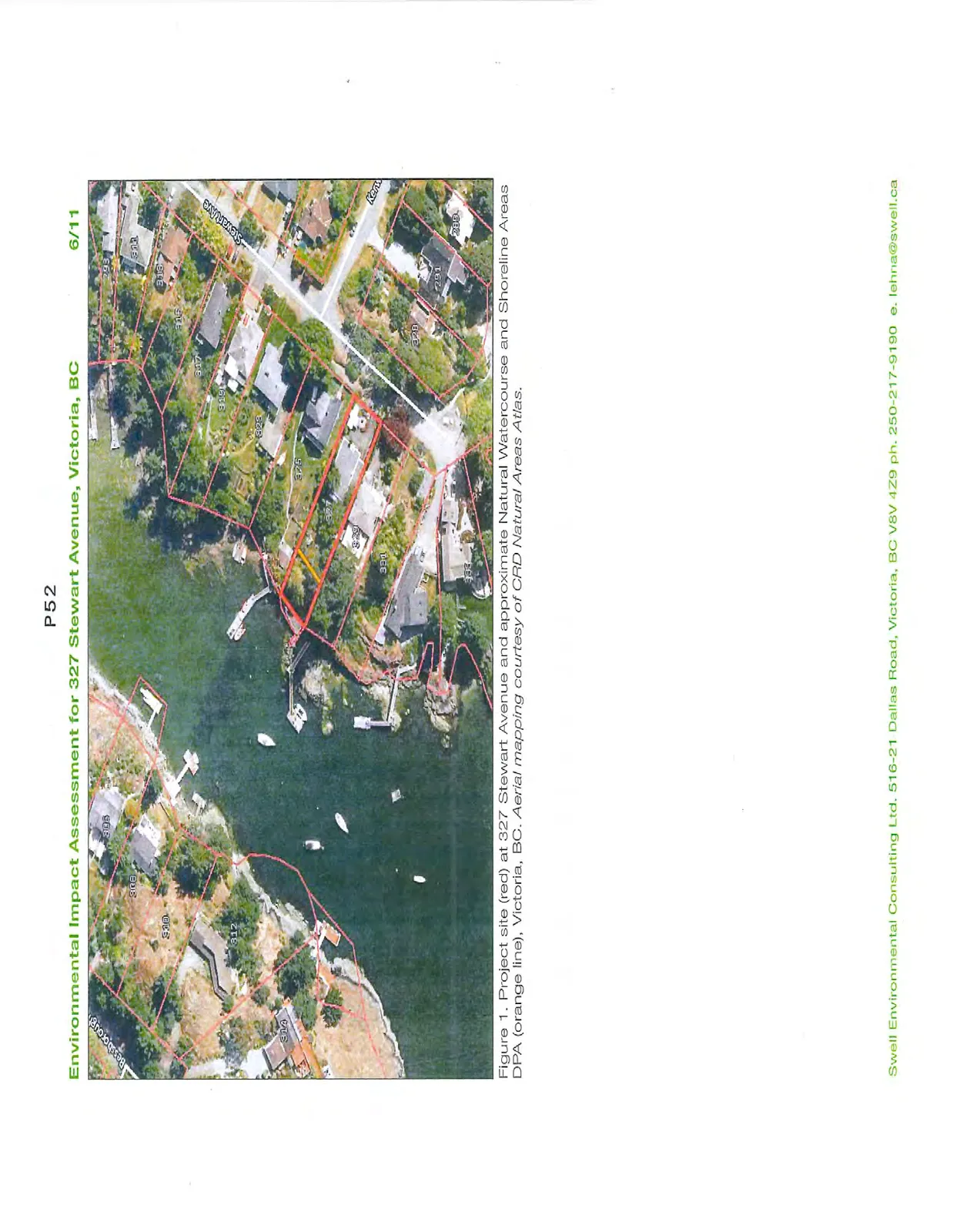 Figure 1. Project site (red) at 327 Stewart Avenue and approximate Natural Watercourse and Shoreline Areas DPA (orange line), Victoria, BC. Aerial mapping courtesy of CRD Natural Areas Atlas.