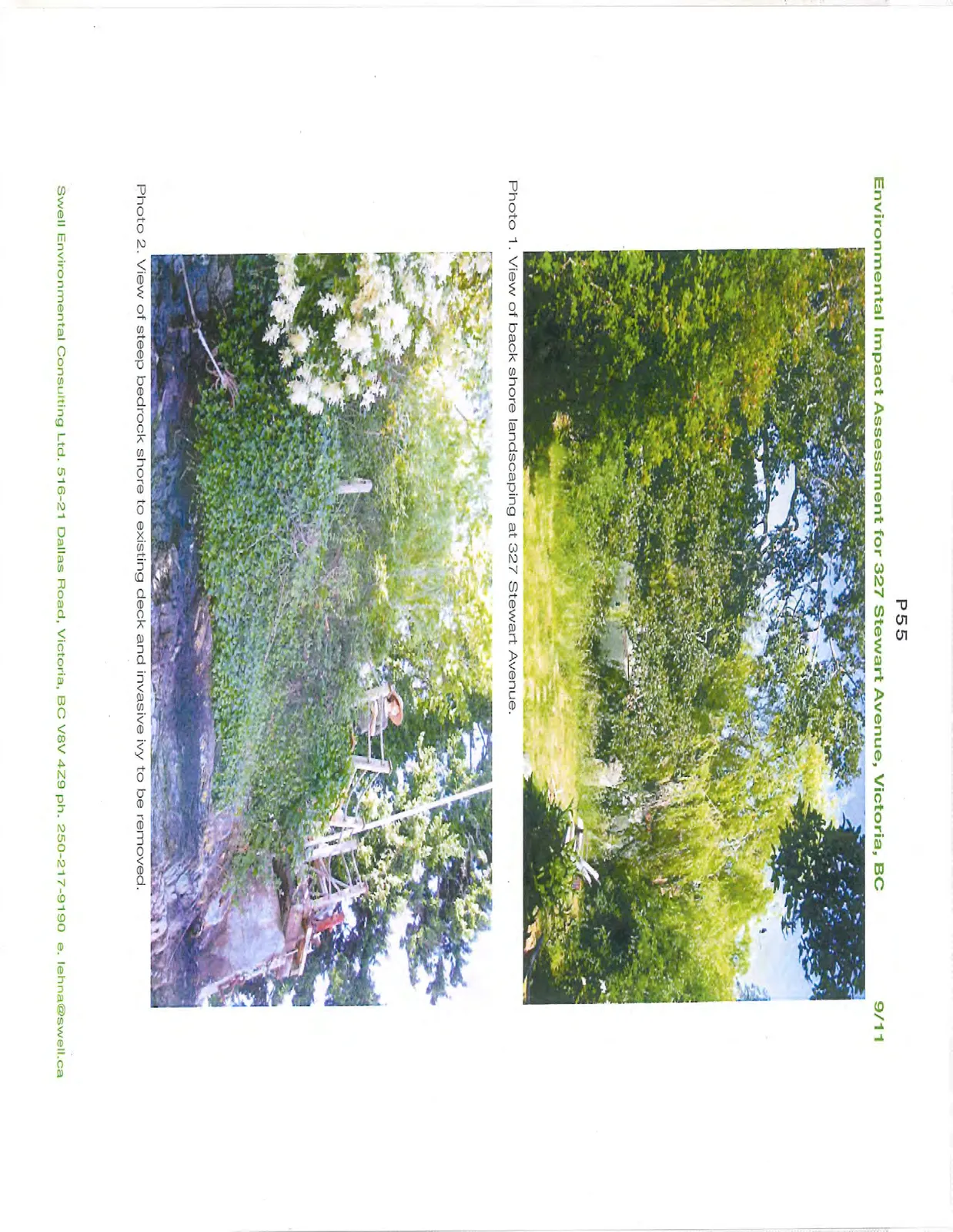 Photo 1. View of back shore landscaping at 327 Stewart Avenue. / Photo 2. View of steep bedrock shore to existing deck and invasive ivy to be removed.