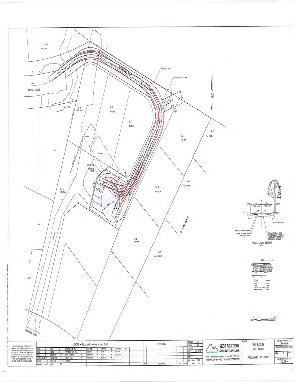 Engineering drawing by Westbrook Consulting Ltd. titled "Jedburgh - John Koren Preliminary Lot Layout" showing the proposed subdivision of seven lots (SL 1 to SL 7), road infrastructure connecting Bishan Place and Jedburgh Place, and a typical road cross section.