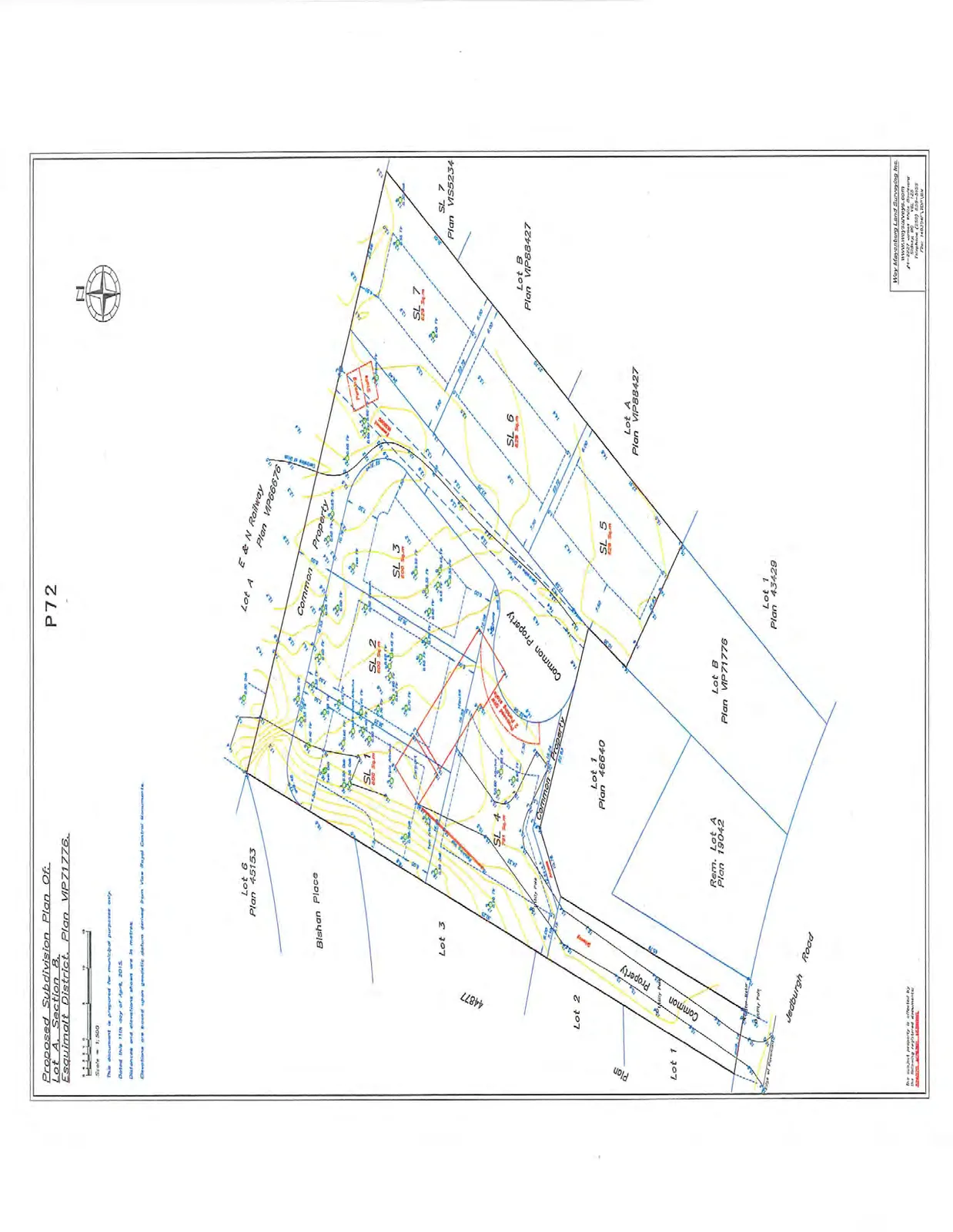 Legal subdivision plan by Wey Mayenburg Land Surveying Inc. dated April 11, 2015, showing the detailed layout of Strata Lots 1 through 7 and Common Property areas.