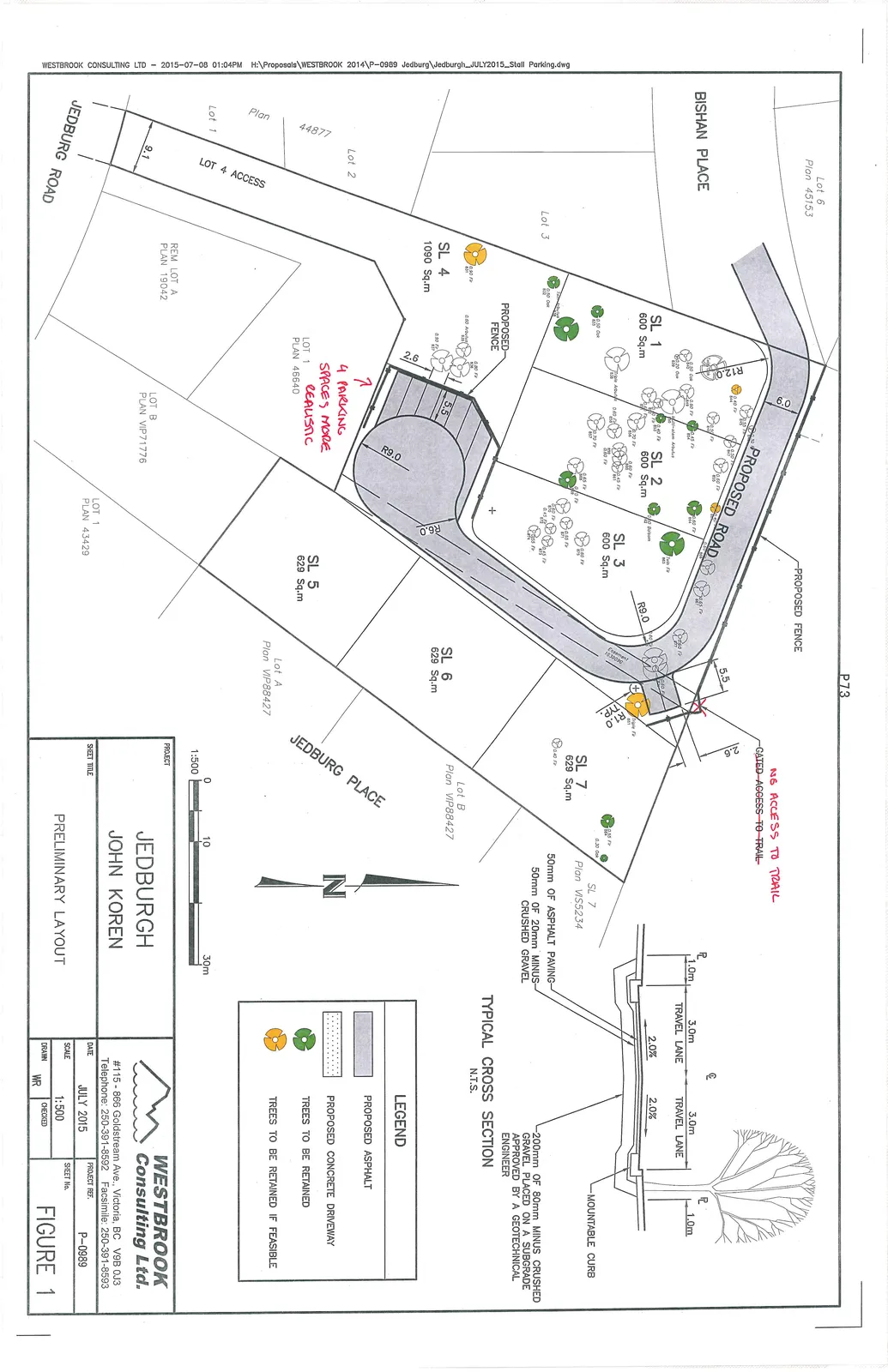 Site plan titled "PRELIMINARY LAYOUT" for the Jedburgh project, showing the subdivision of seven lots (SL 1 through SL 7), a proposed road and cul-de-sac, tree retention areas, and a typical road cross-section.