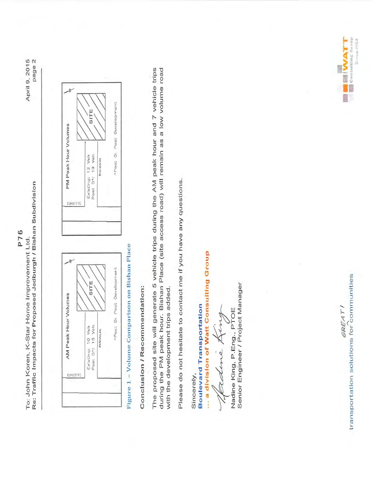 Figure 1 - Volume Comparison on Bishan Place, displaying diagrams for AM and PM Peak Hour Volumes comparing existing and post-development vehicle counts