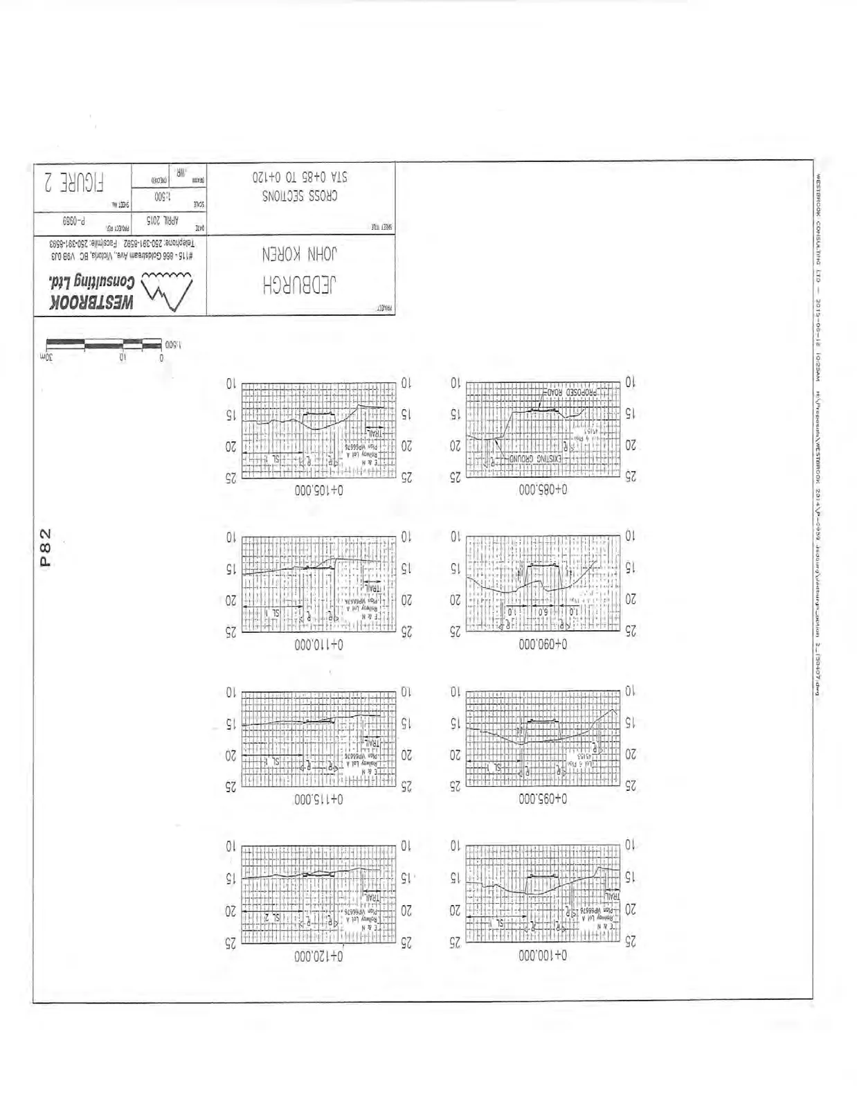 Eight individual cross-section diagrams for the proposed road and trail at specified stations