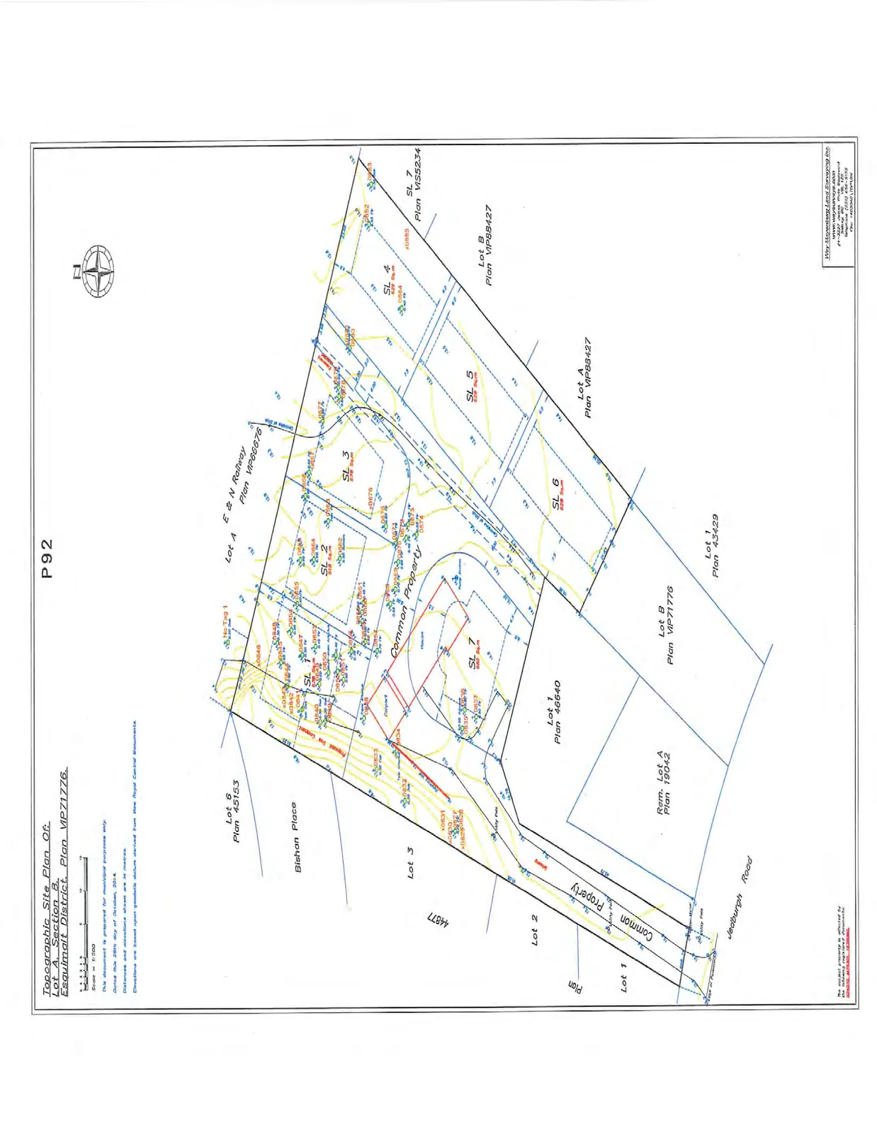 Topographic site plan of Lot A, Section 8, Esquimalt District, showing the division into seven strata lots (SL 1 through SL 7) and common property. The plan includes topographic contours, spot elevations, and indicates features like an existing house, carport, and pump station. Adjacent properties and landmarks shown include the E & N Railway (Plan VIP66676), Bishon Place, Jedburgh Road, and several surrounding lots.