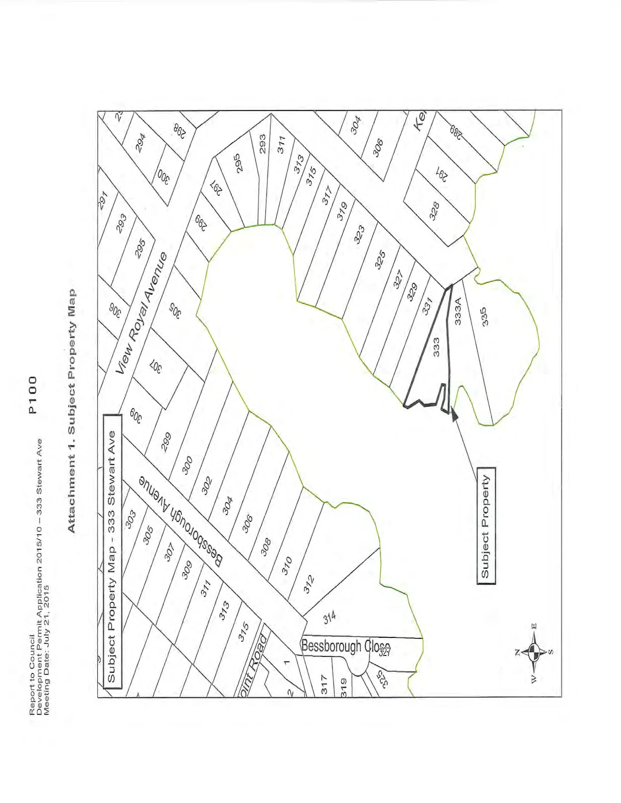 A subject property map for 333 Stewart Ave, showing the subject parcel (lot 333) and surrounding residential lots along Bessborough Avenue, View Royal Avenue, Point Road, and Bessborough Close.