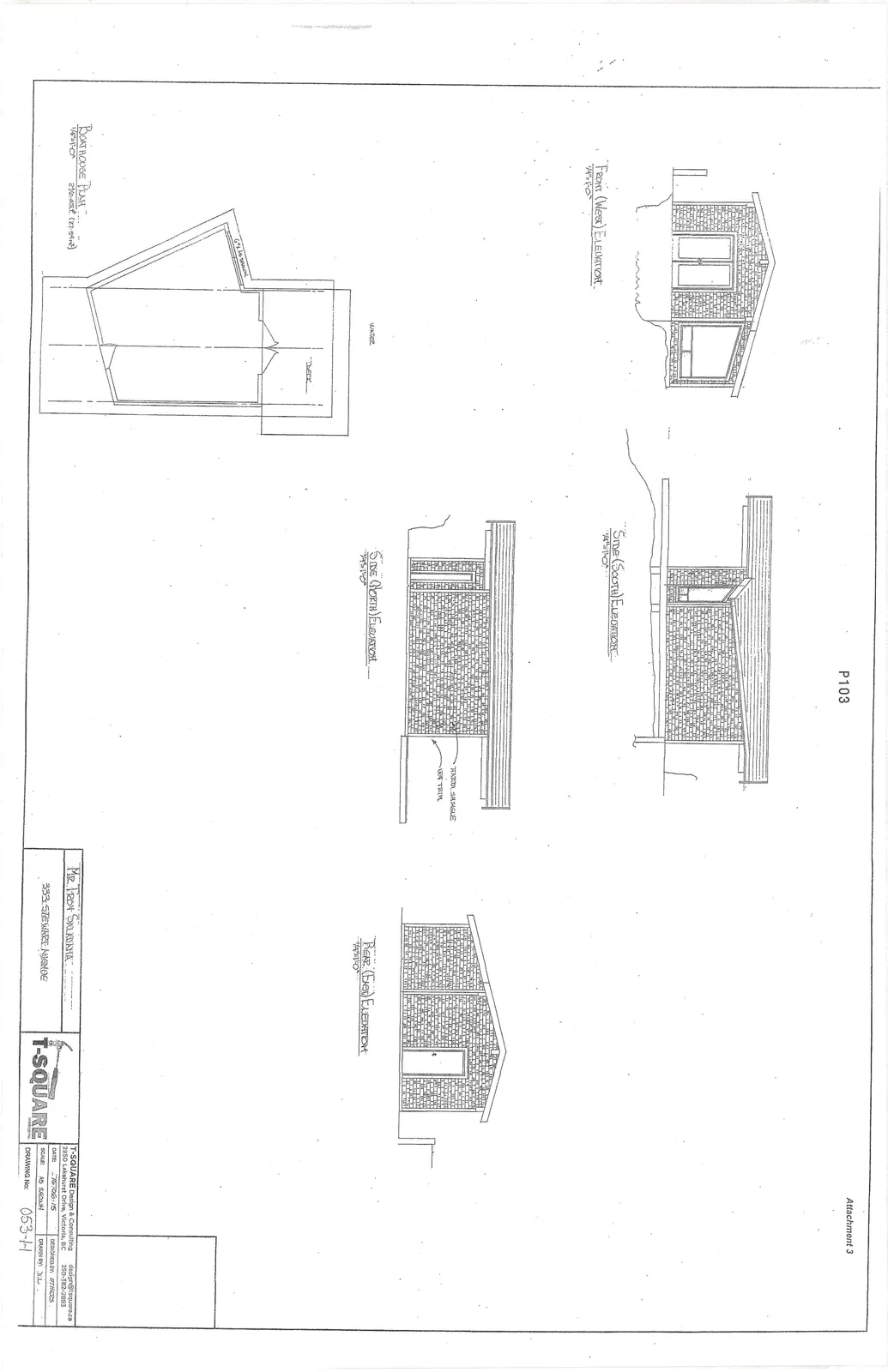 Architectural drawing sheet featuring the floor plan and elevations for a boathouse.