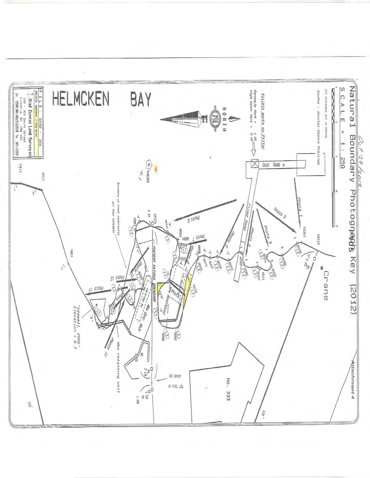 Map of Helmcken Bay showing natural boundaries, property features, and numbered camera positions for photos 1 through 14.