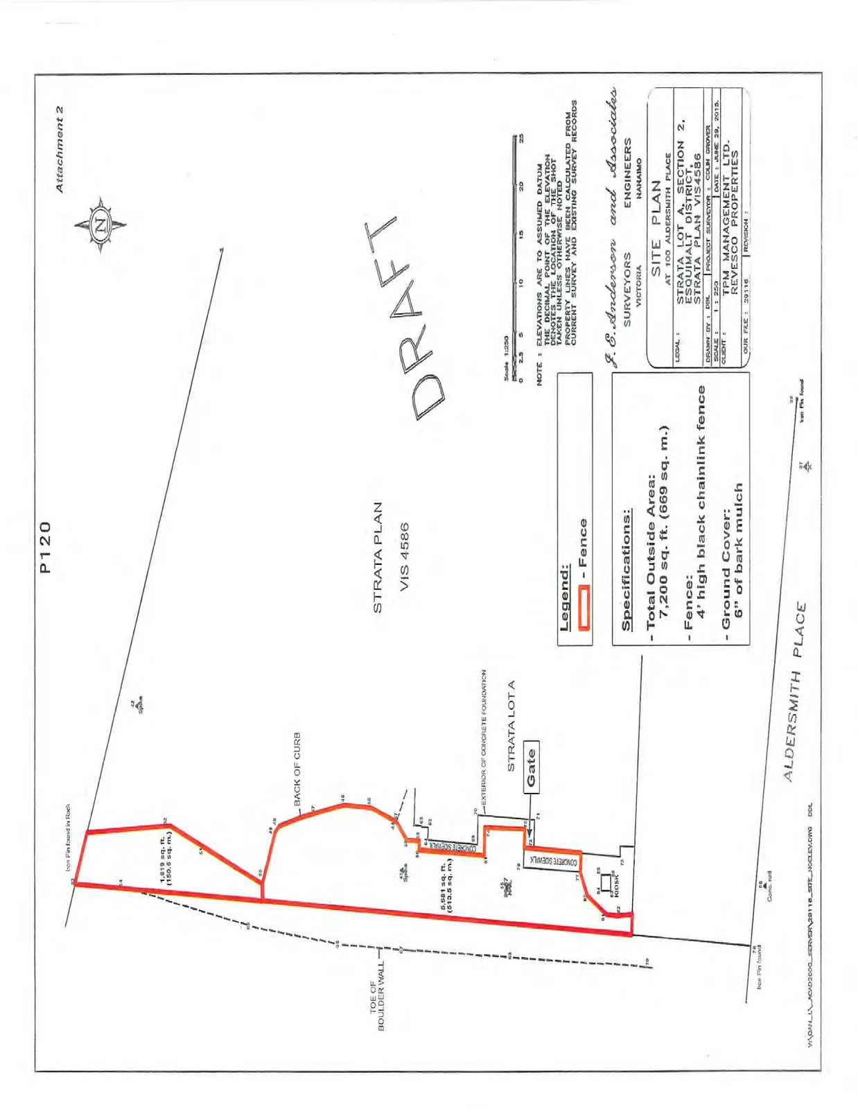 Site plan map for Strata Lot A at 100 Aldersmith Place, showing property boundaries, a designated fence area highlighted in red, concrete sidewalks, a kiosk, and adjacent strata plan VIS 4586. The map includes area measurements of 1,819 sq. ft. (150.5 sq. m.) and 5,581 sq. ft. (513.5 sq. m.), along with topographical labels such as "Back of Curb" and "Toe of Boulder Wall".