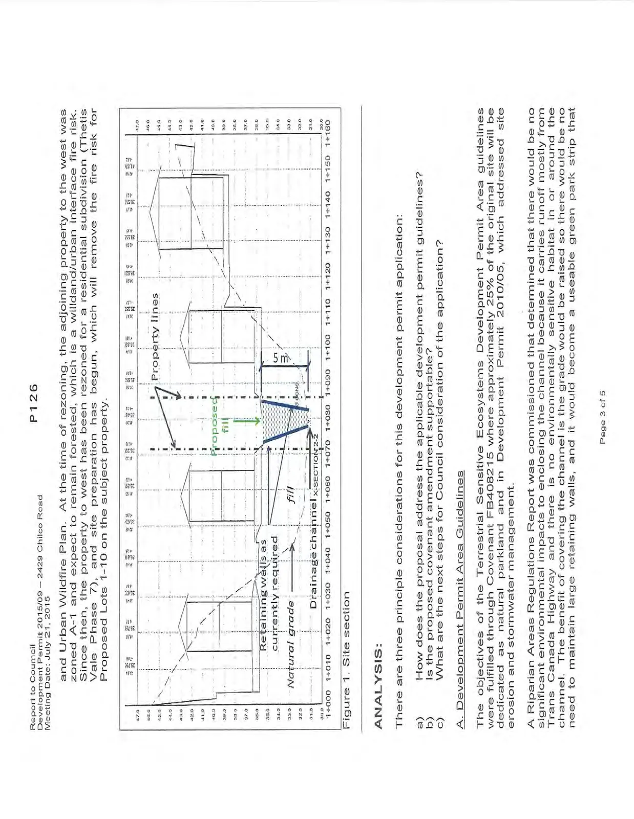 Figure 1. Site section diagram showing natural grade, drainage channel, and proposed fill with property lines and 5m retaining walls
