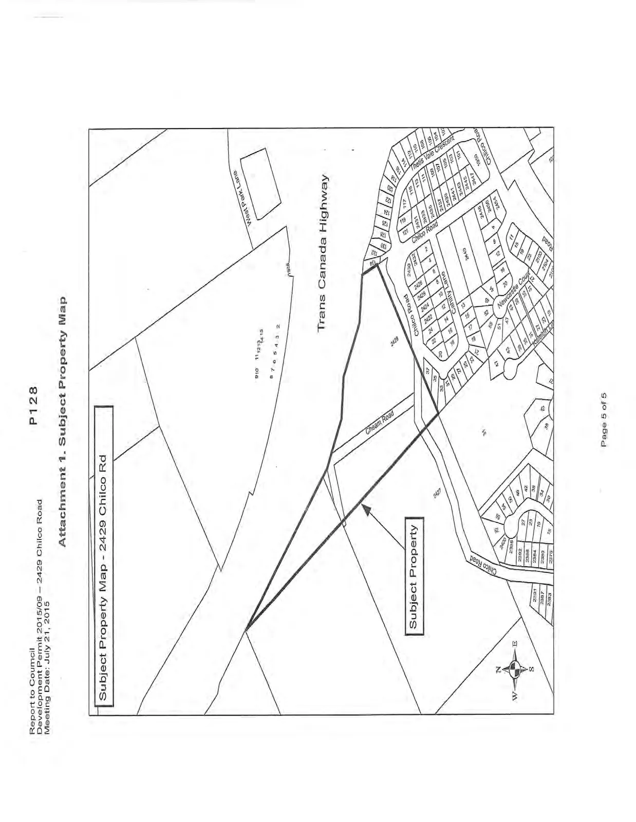 Subject Property Map for 2429 Chilco Rd showing the location of the subject property adjacent to the Trans Canada Highway and Cheam Road, with surrounding streets including Chilco Road, Cahilty Lane, West Park Lane, Thetis Vale Crescent, and Newcastle Court.