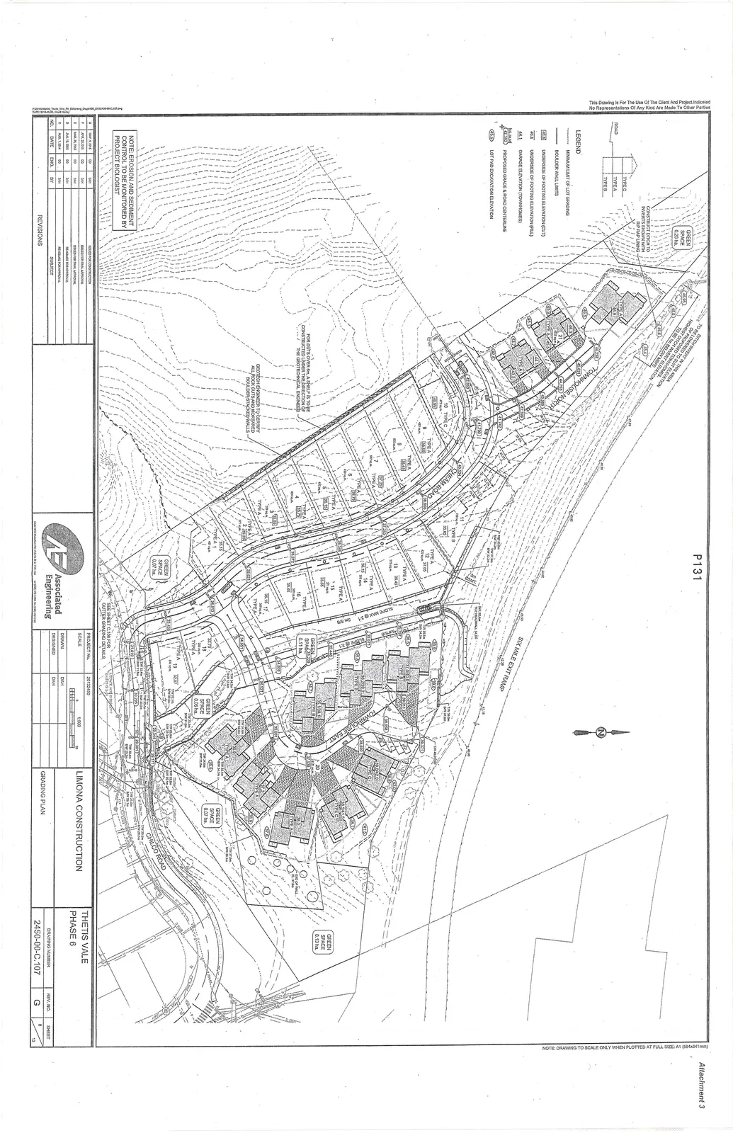 Detailed engineering grading plan for Thetis Vale Phase 6, showing residential lots, townhouse blocks (North and East), road alignments for Cheam Road and Chilco Road, and proximity to the Six Mile Exit Ramp. The plan includes specific elevation data, lot types, and designated green space areas.