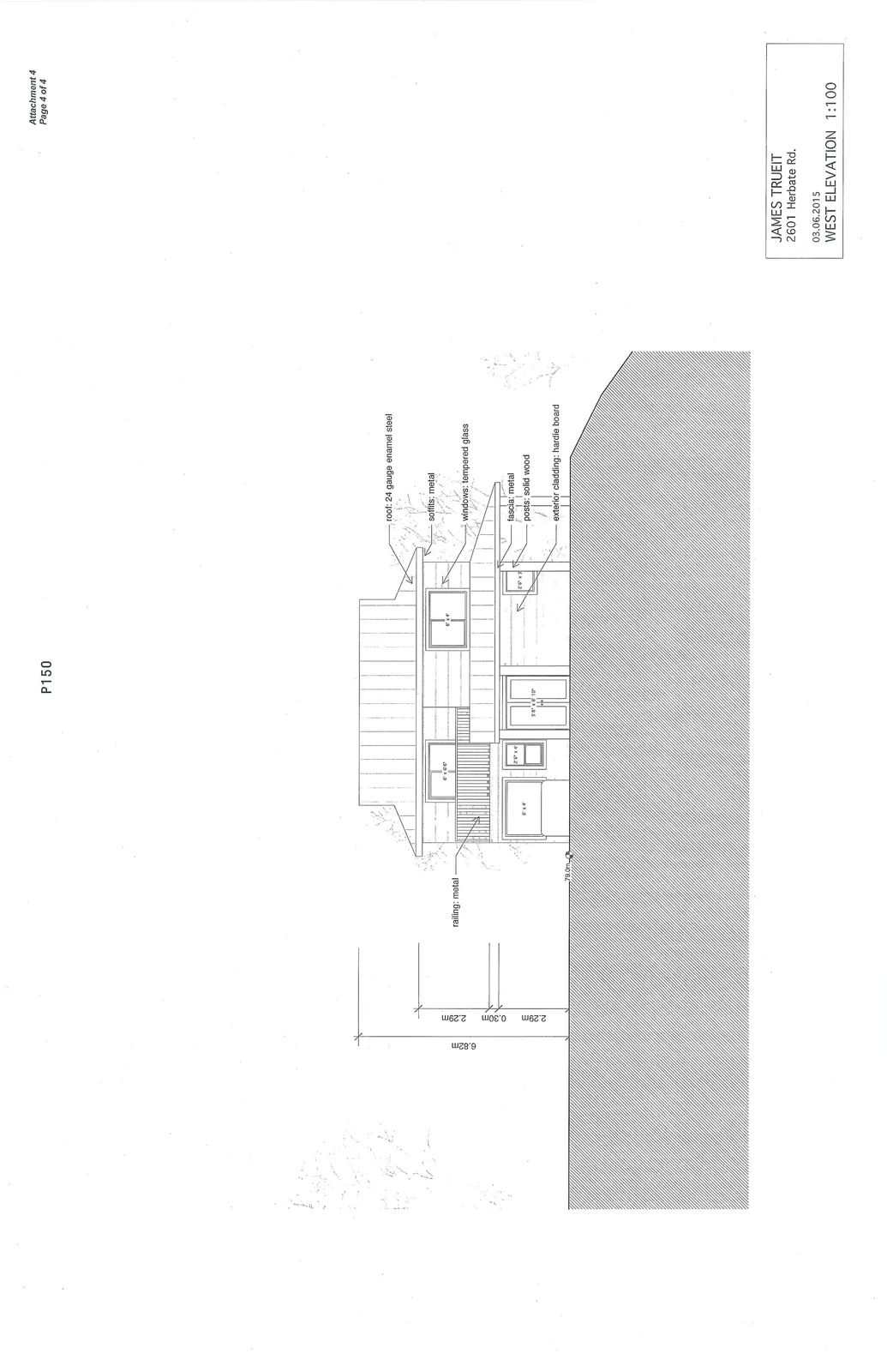 West elevation drawing showing the building height and specified exterior construction materials.