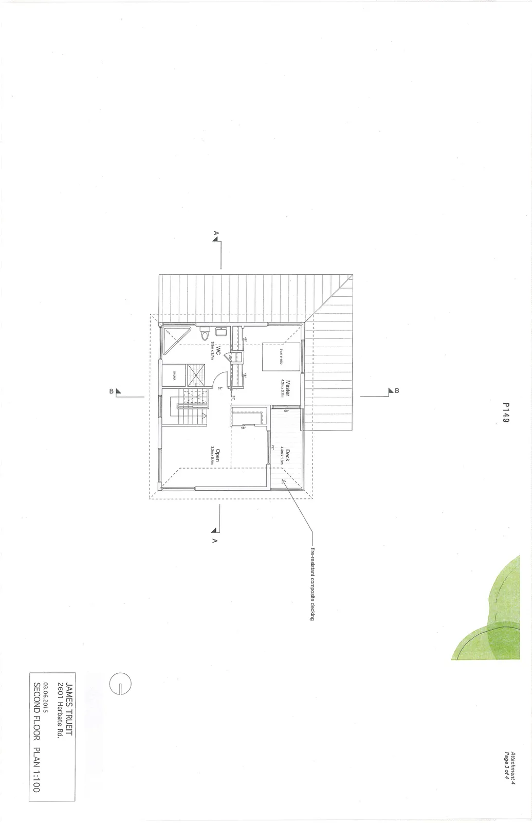 Second floor architectural plan showing the master bedroom, deck, and open floor area.