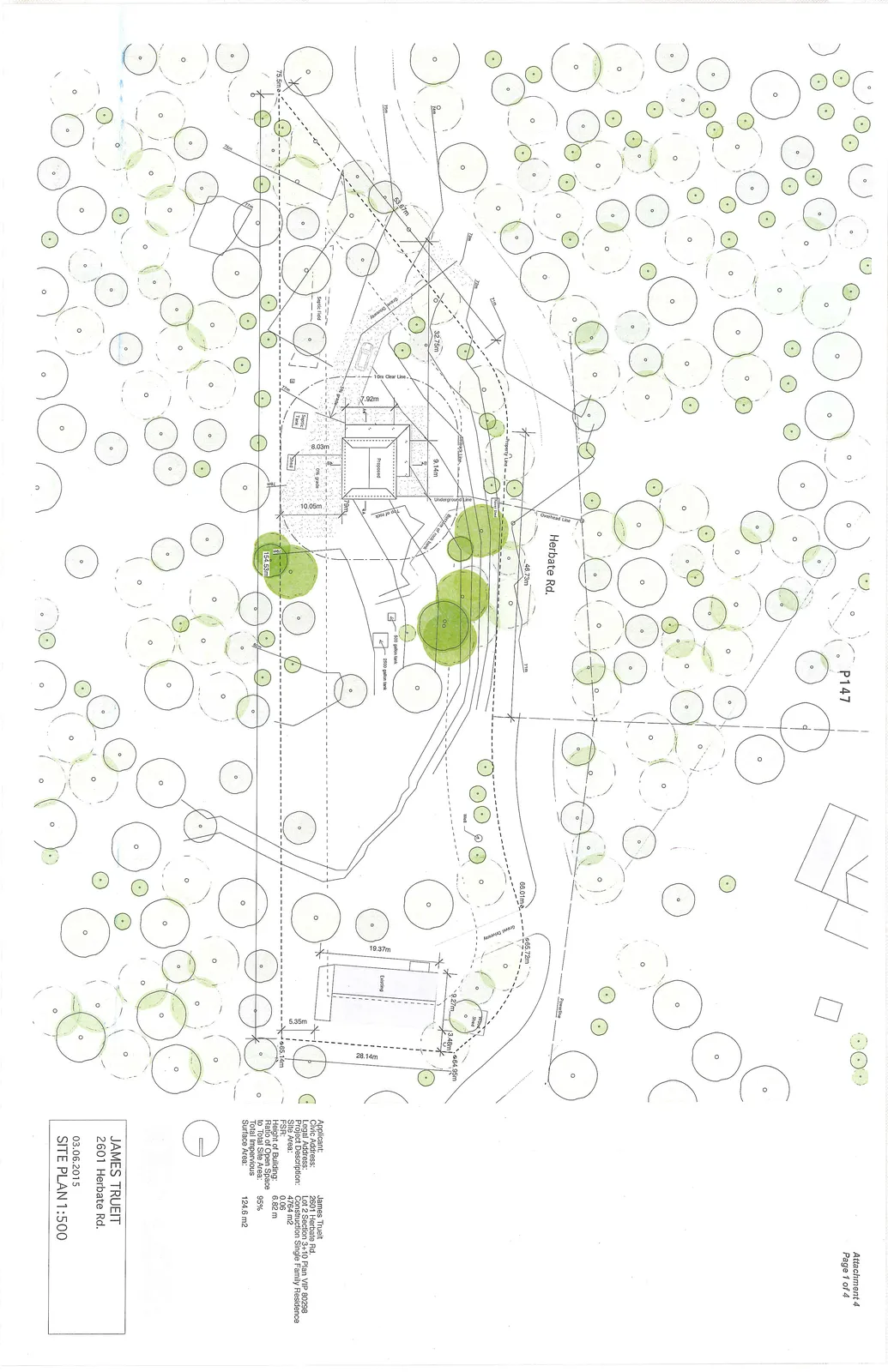 Detailed site plan of 2601 Herbate Rd. showing the property layout, proposed and existing residences, septic systems, and surrounding wooded terrain.