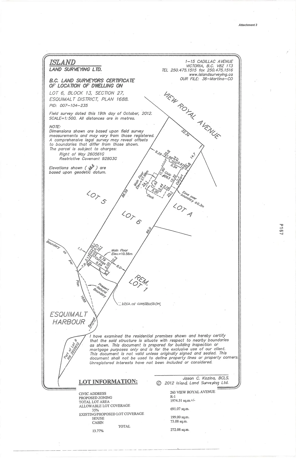 Survey map showing Lot 6 and adjacent properties (Lot 5, Lot A, REM. LOT 1) with building footprints for a house (Main Floor Elev.=27.88m) and a cottage (Main Floor Elev.=10.56m). The map details proximity to View Royal Avenue and Esquimalt Harbour, including features like a carport, deck, seawall, and present natural boundary.