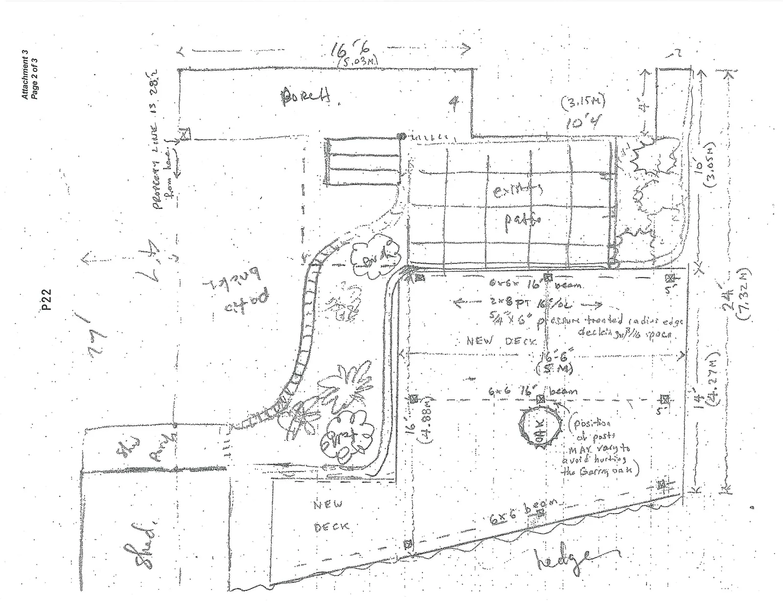 Hand-drawn site plan illustrating existing structures and proposed new deck construction, including measurements in feet and meters.