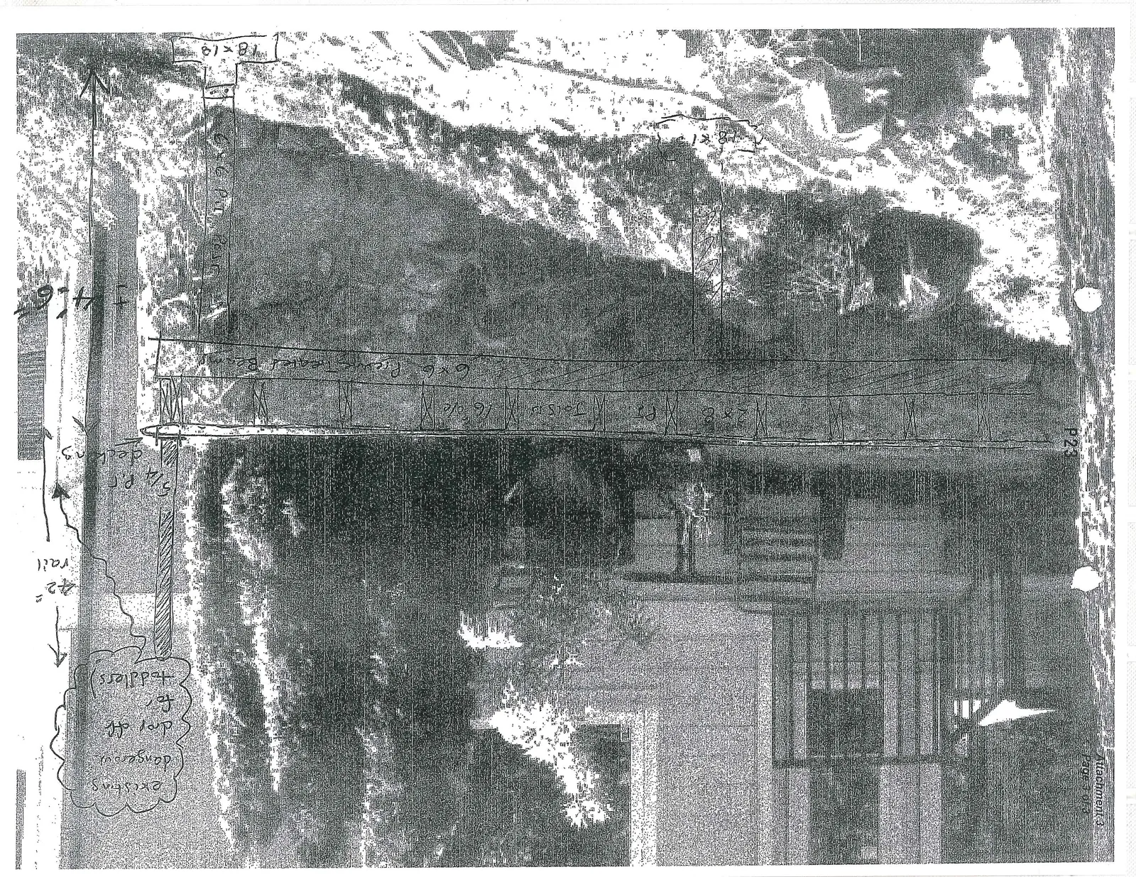 Architectural sketch overlaid on a photograph of a house and yard showing deck construction details and specifications for a new deck structure.