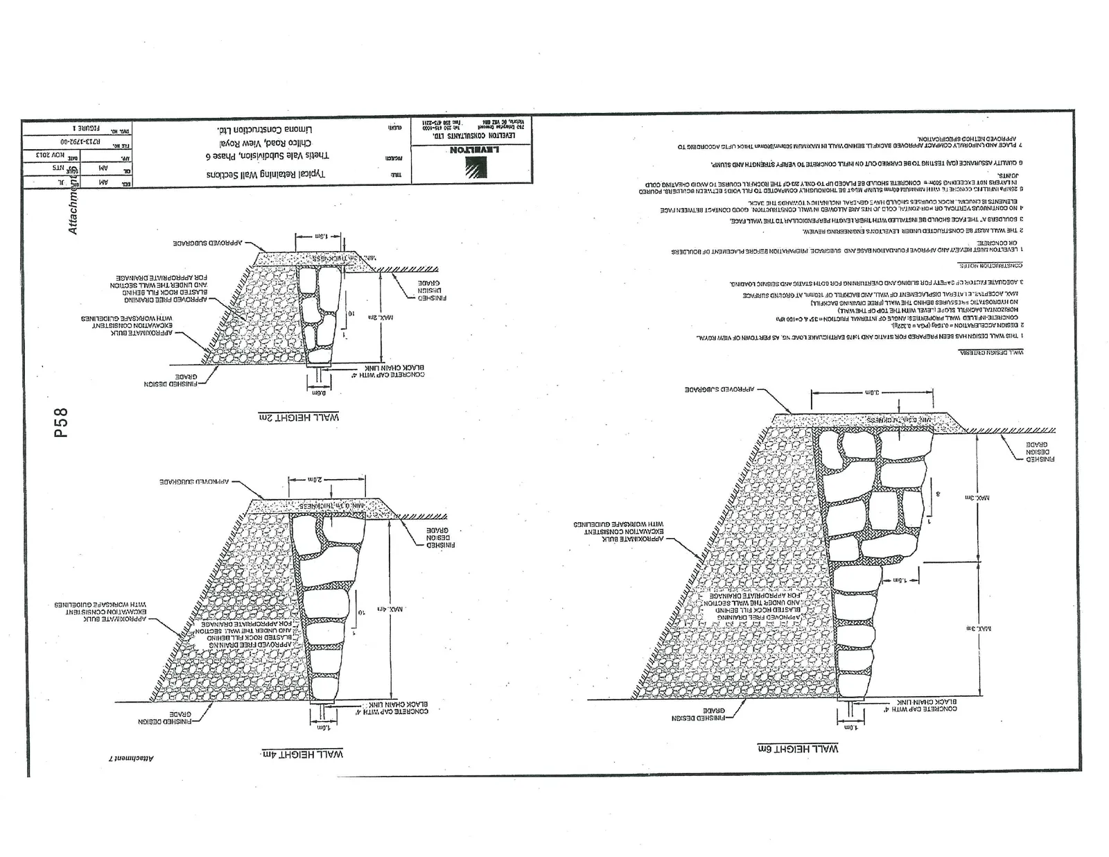 Engineering drawing showing cross-sections for retaining walls at 6m, 4m, and 2m heights, along with design criteria and construction notes.
