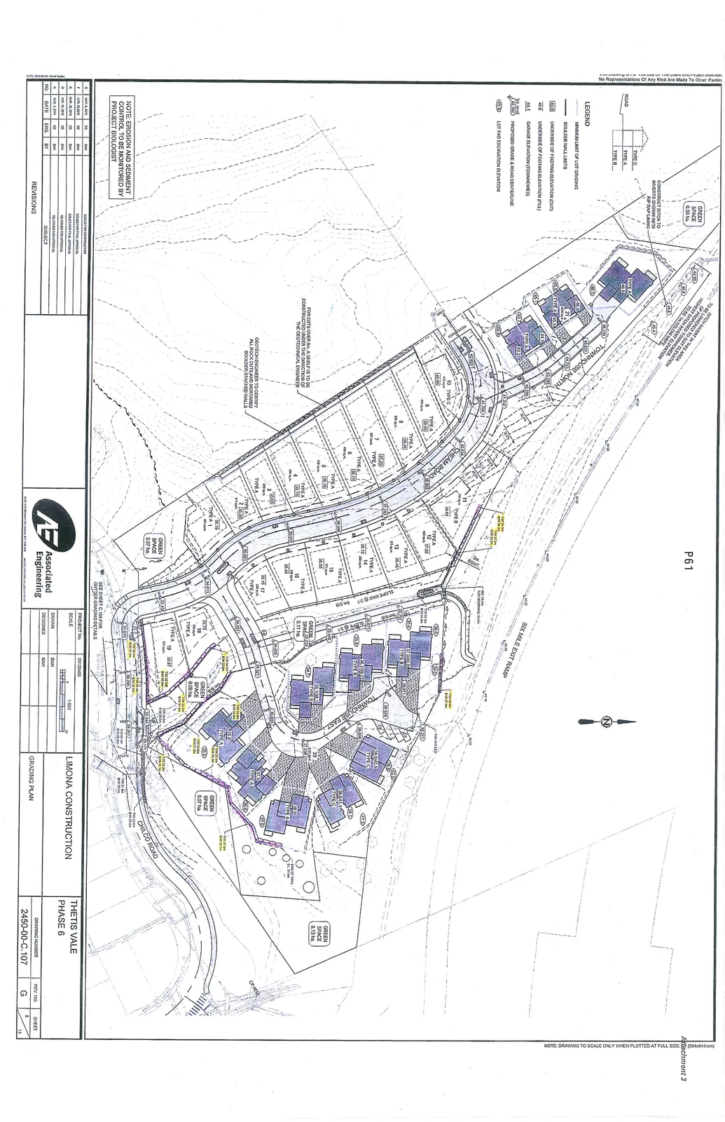 Detailed grading plan for Thetis Vale Phase 6, showing residential lots 1-19, townhouse units in "Townhouse North" and "Townhouse East" blocks, roads including Cheam Road and Chilco Road, green spaces, and extensive elevation data.