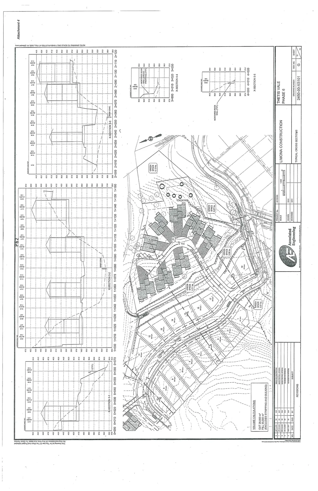 Engineering drawing detailing site plan, cross-sections 1-1 through 5-5, and earthwork volume calculations for the Thetis Vale Phase 6 project.