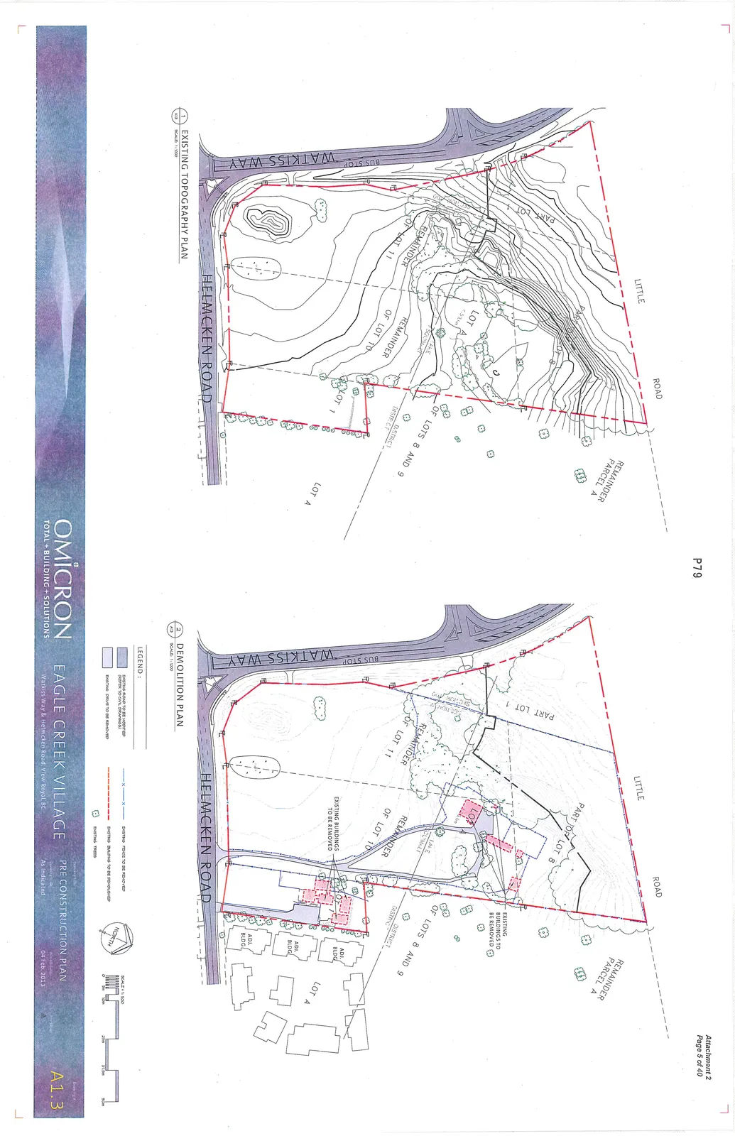 Site plans showing existing topography and demolition details for the Eagle Creek Village project at the intersection of Watkiss Way and Helmcken Road.