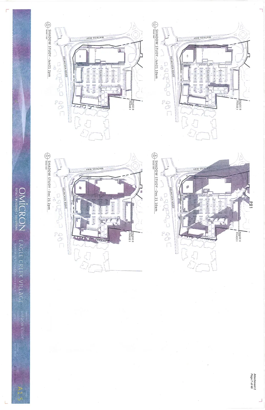 Four-panel architectural shadow study for Eagle Creek Village showing shadow projections for Phase I and Phase II at different times of the year.