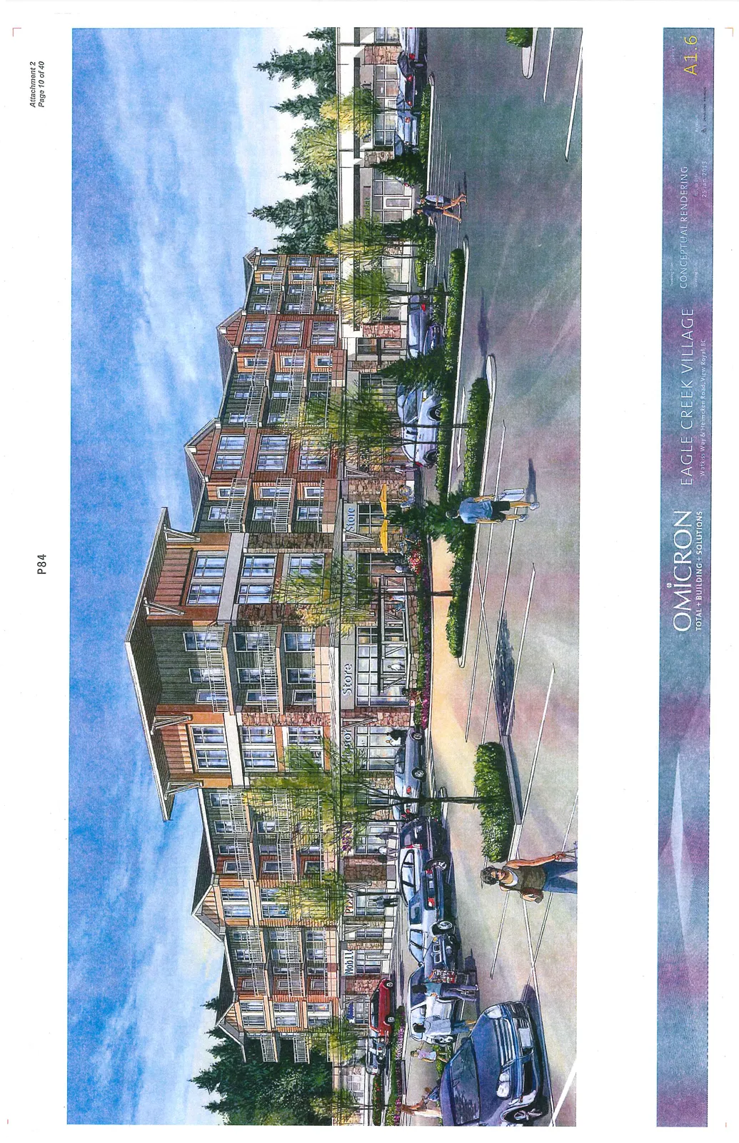 Conceptual rendering of Eagle Creek Village, showing a four-story mixed-use building with ground-floor commercial units and residential apartments with balconies above. The rendering includes storefront signage for "Mobile," "Pizza," "Liquor Store," and "Florist," along with a parking area containing cars and pedestrians.