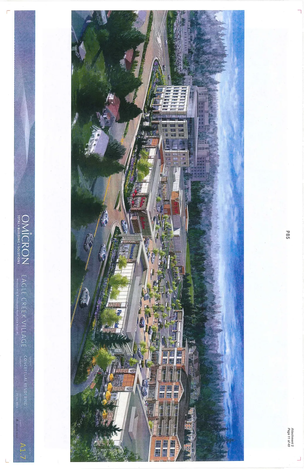 A conceptual rendering of Eagle Creek Village, a mixed-use development showing several multi-story office and retail buildings, a residential complex, parking lots with cars, and lush landscaping including trees and lawns, set against a background of evergreen forests and a cloudy blue sky.