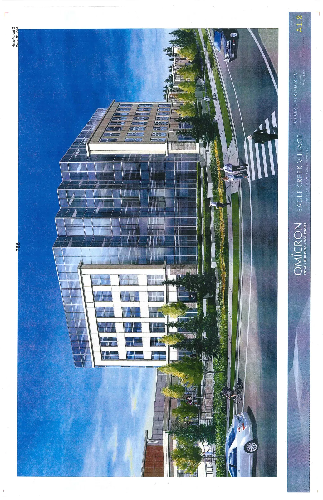 Conceptual rendering of a multi-story commercial building at Eagle Creek Village featuring a mix of glass curtain walls and light-colored masonry, set within a landscaped environment with a street, crosswalk, pedestrians, and a cyclist in the foreground.