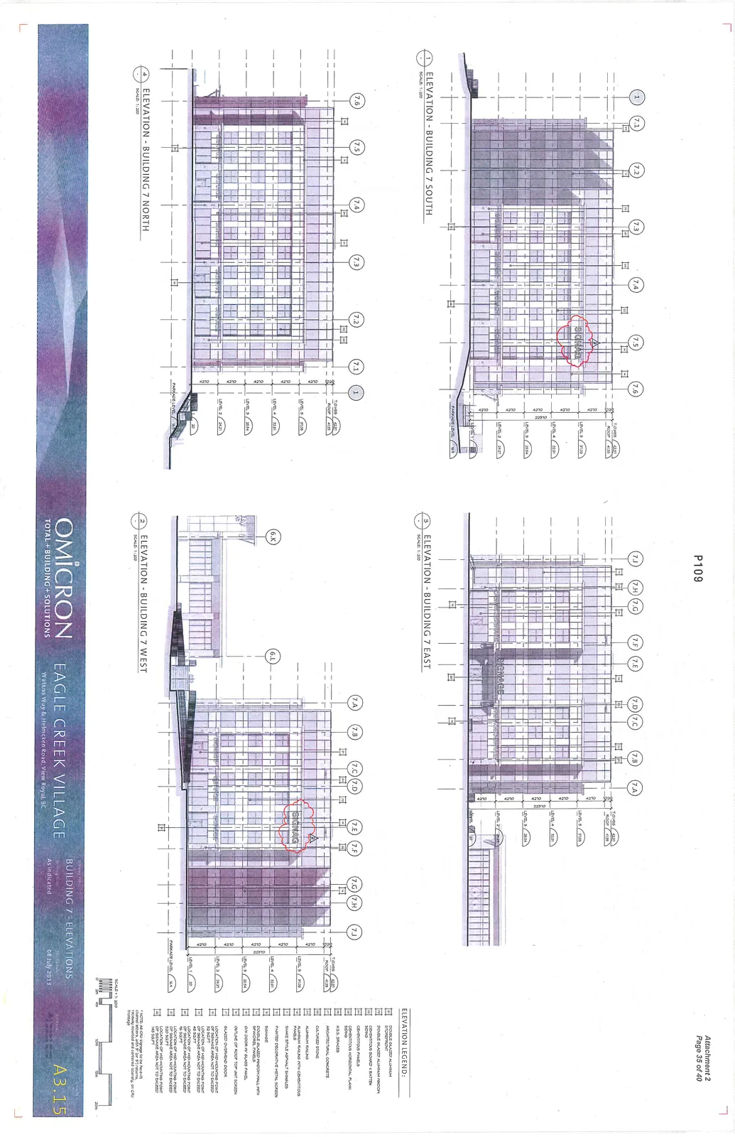 Architectural elevation drawings of Building 7 showing South, North, East, and West views with material callouts and floor level markers.