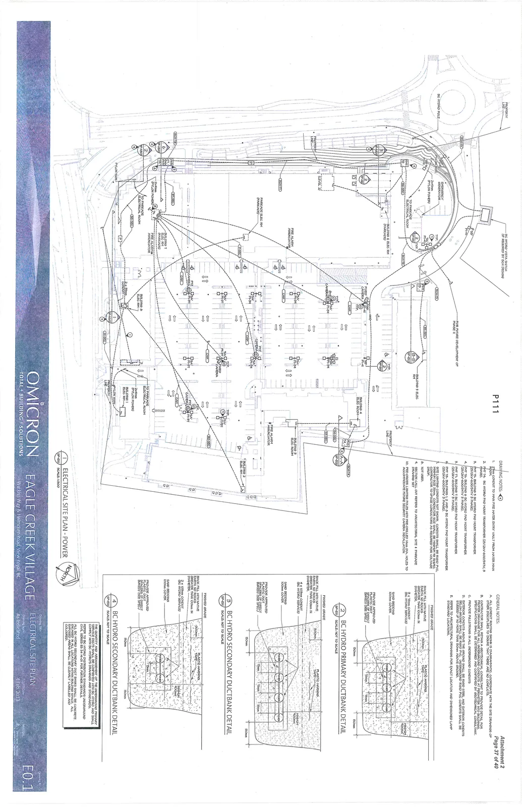 Detailed electrical site plan drawing showing building footprints for Buildings 1 through 5, parking areas, property lines, and electrical infrastructure including BC Hydro pad-mount transformers (PMTs), emergency generator, conduit routing, and security camera locations.