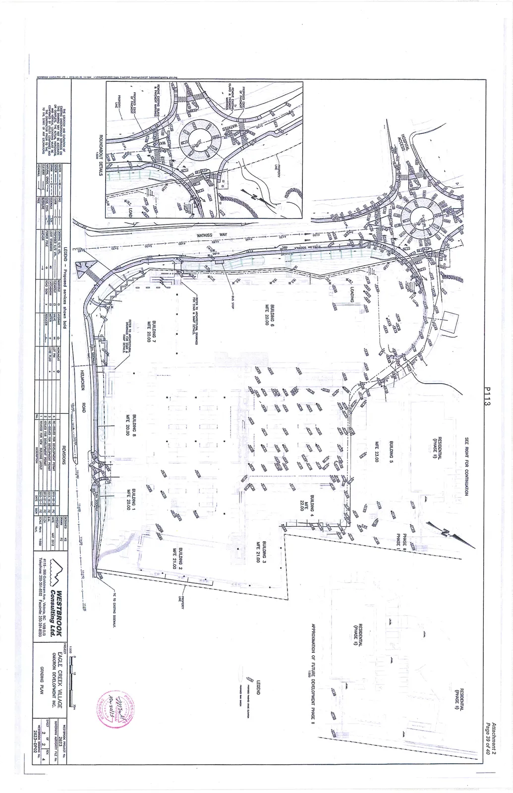 Detailed grading plan for Eagle Creek Village, showing building footprints (Buildings 1-8), roads including Watkiss Way and Helmcken Road, a roundabout detail, and future residential phases.