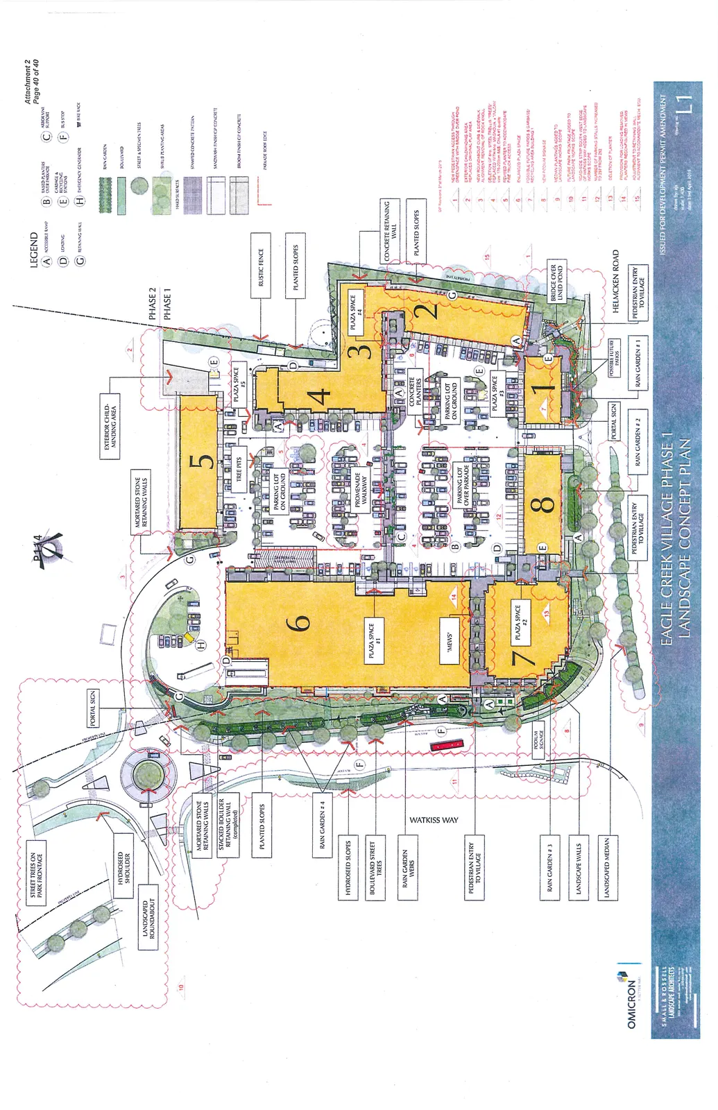 Landscape Concept Plan for Eagle Creek Village Phase 1 showing the site layout with numbered buildings 1 through 8, parking areas, plaza spaces, and various landscaping features situated between Watkiss Way and Helmcken Road.