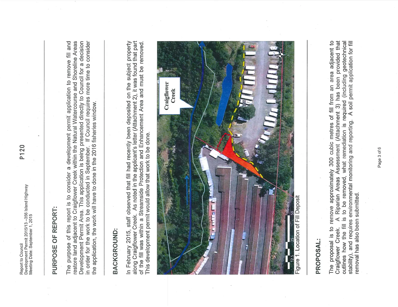 Figure 1 map showing an aerial view of 356 Island Highway with the location of the fill deposit highlighted in red adjacent to Craigflower Creek.