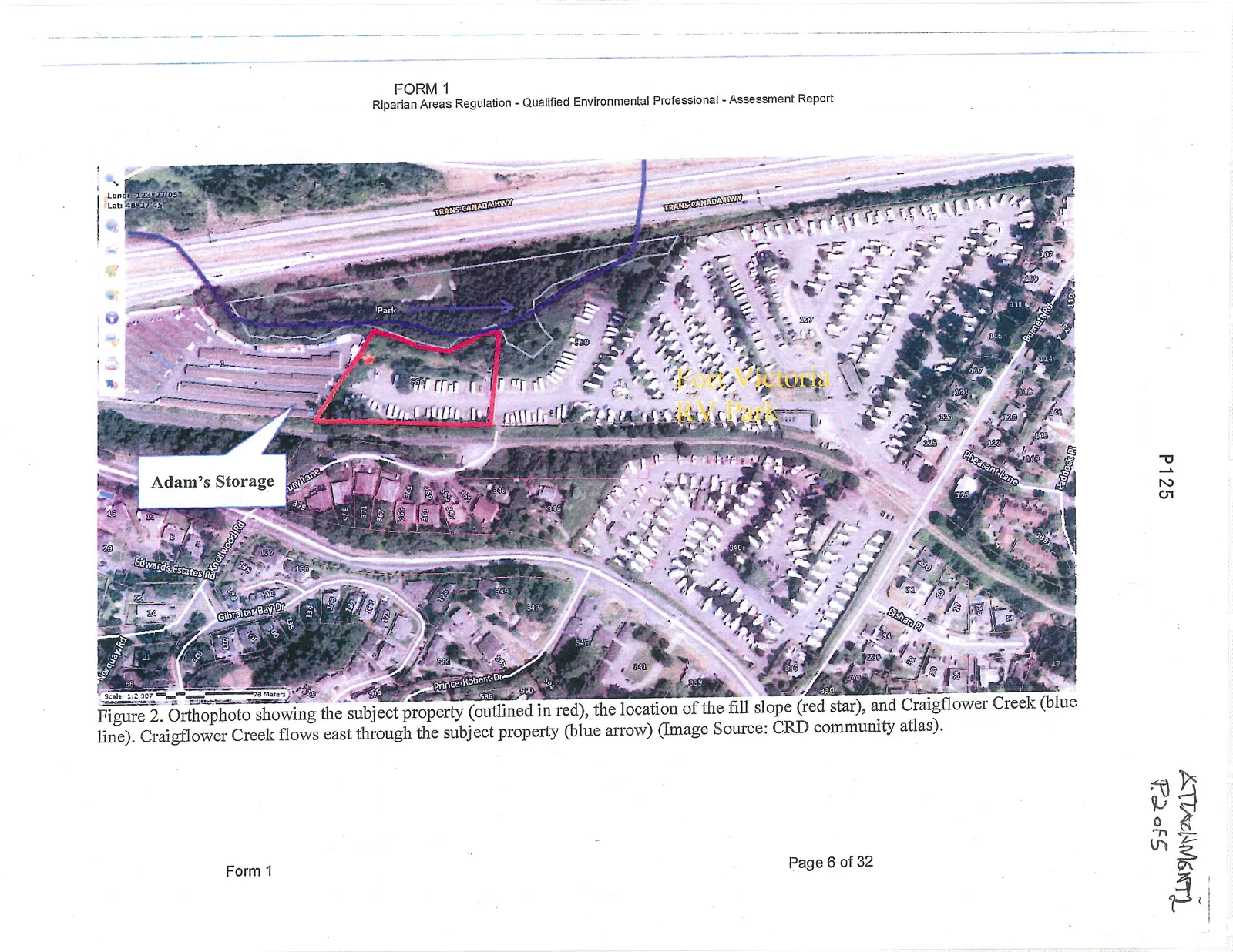Figure 2. Orthophoto showing the subject property (outlined in red), the location of the fill slope (red star), and Craigflower Creek (blue line). Craigflower Creek flows east through the subject property (blue arrow).