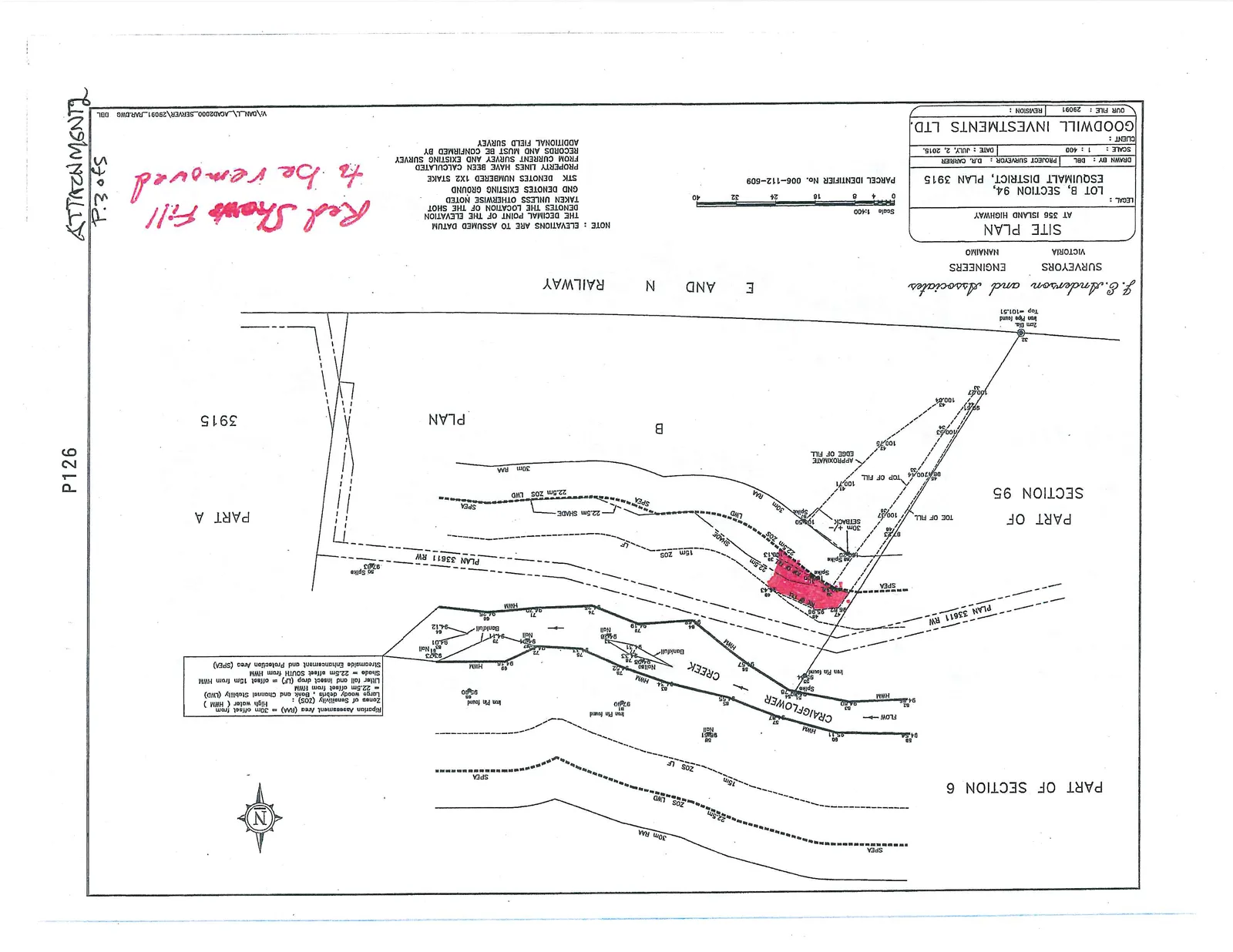 Detailed site plan showing property boundaries, Craigflower Creek, riparian assessment areas (SPEA, 30m RAA), and the specific location of fill marked for removal.