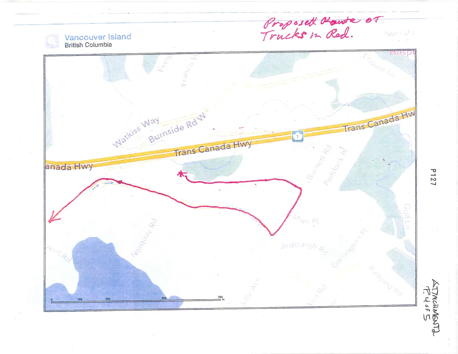 Map titled "Proposed Route of Trucks in Red" showing the beginning of the transportation route from the site.