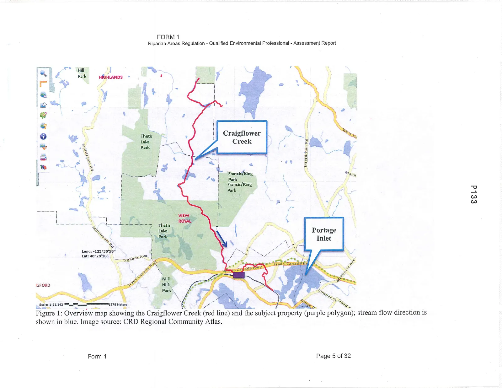 Overview map showing Craigflower Creek (red line) and the subject property (purple polygon); stream flow direction is shown in blue. Figure 1.