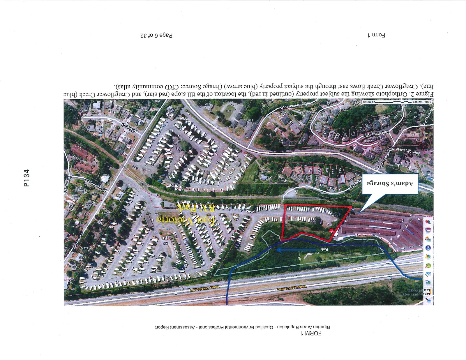 Orthophoto showing the subject property (outlined in red), the location of the fill slope (red star), and Craigflower Creek (blue line). Craigflower Creek flows east through the subject property (blue arrow). Figure 2.
