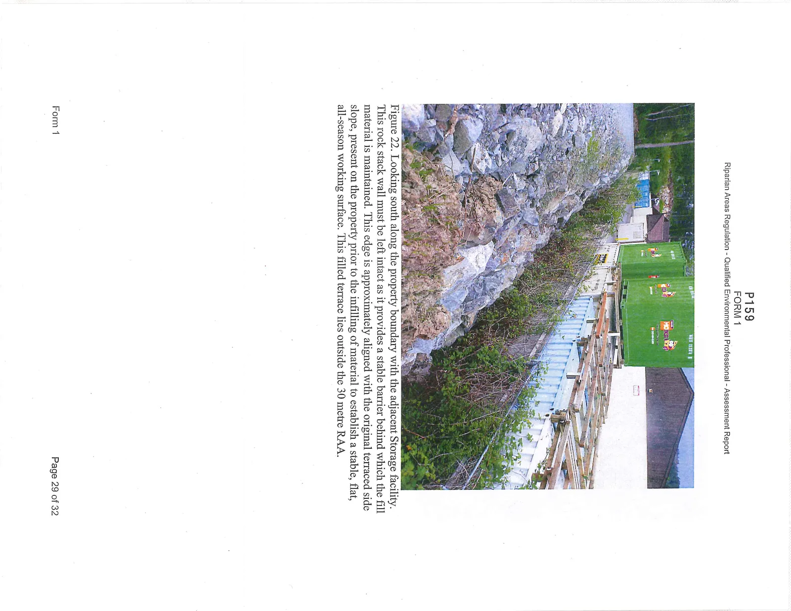 Photograph of a gravel fill area encroaching into the Streamside Protection and Enhancement Area (SPEA) on the northwestern edge of the property.