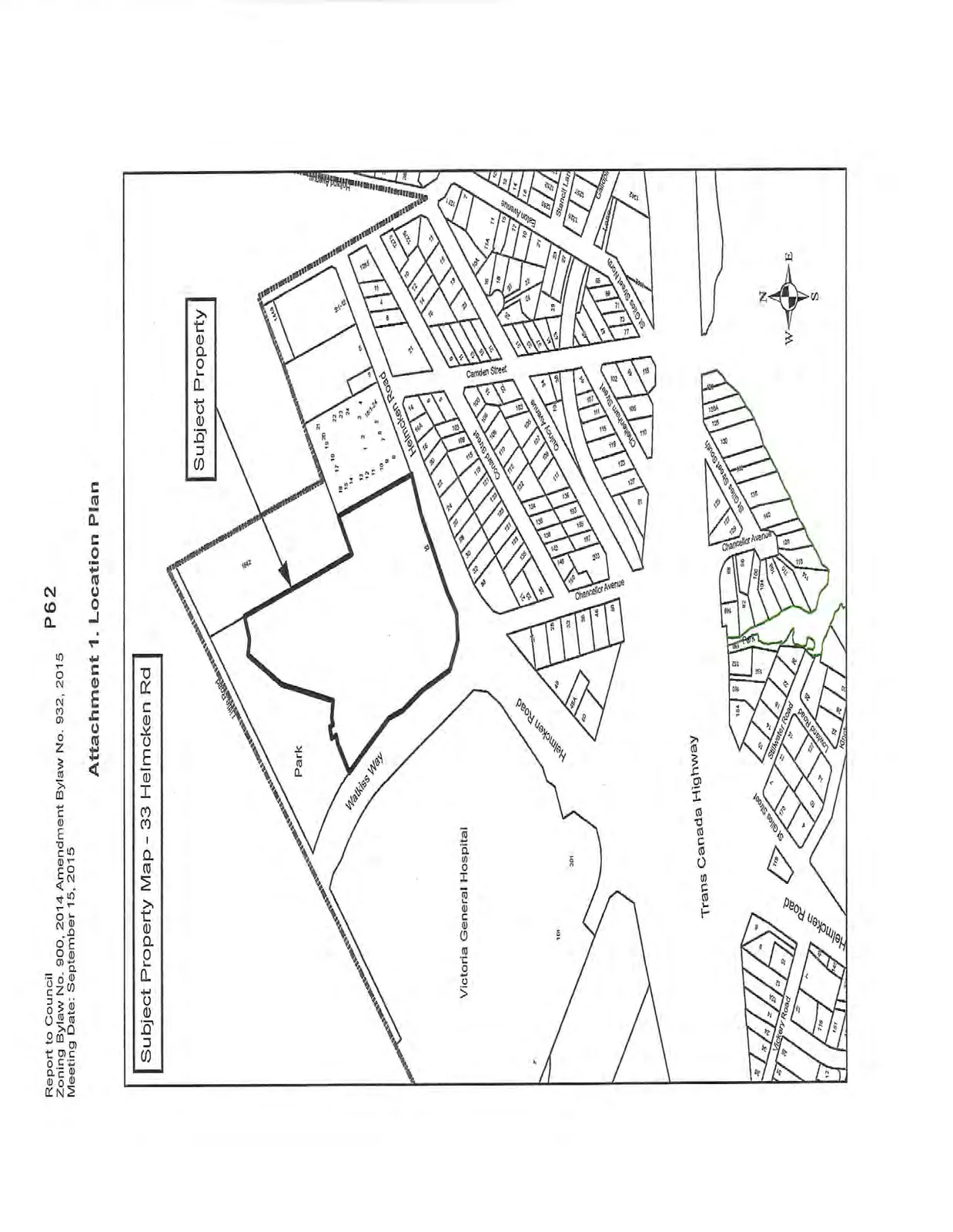 Location plan map identifying the subject property at 33 Helmcken Road. The map shows the property situated between a park and Helmcken Road, with Watkiss Way bordering another side. Other nearby landmarks include the Victoria General Hospital and the Trans Canada Highway. Surrounding residential streets shown include Conard Street, Quincy Avenue, Cheltenham Street, Chancellor Avenue, Camden Street, Eaton Avenue, Stencill Lane, St Giles Street, Stillwater Road, Lowland Road, and Vickery Road.