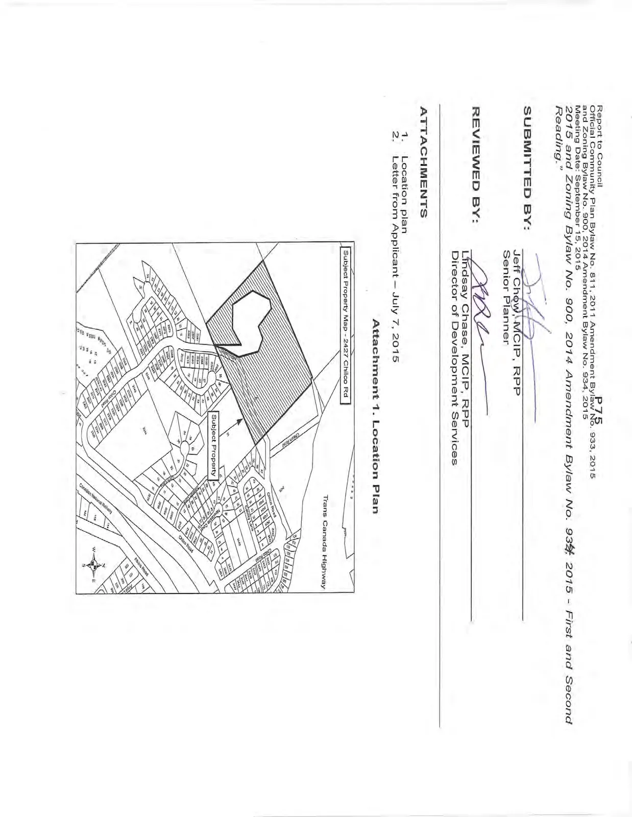Location map titled "Subject Property Map - 2427 Chilco Rd" showing the parcel of land relative to the Trans Canada Highway, Chilco Road, and surrounding residential lots.