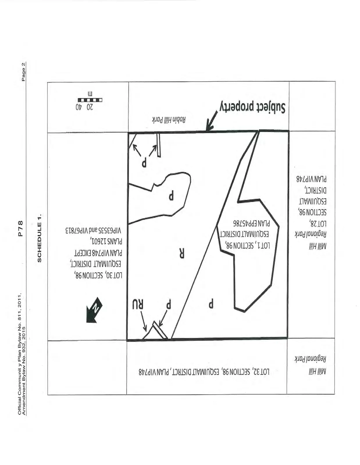 Land use and zoning map identifying a "Subject property" as LOT 1, SECTION 98, ESQUIMALT DISTRICT PLAN EPP45786. The map designates specific areas within the subject property with labels P, R, and RU. Surrounding areas include Mill Hill Regional Park (LOT 28, SECTION 98, ESQUIMALT DISTRICT, PLAN VIP748), Robin Hill Park, LOT 32, SECTION 98, ESQUIMALT DISTRICT, PLAN VIP748, and LOT 30, SECTION 98, ESQUIMALT DISTRICT, PLAN VIP748 EXCEPT PLANS 12601, VIP63535 and VIP67813.