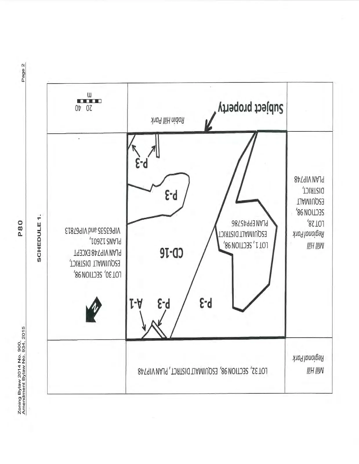 Zoning map detailing land use designations CD-16, P-3, and A-1 for a subject property, bounded by Mill Hill Regional Park and Robin Hill Park.