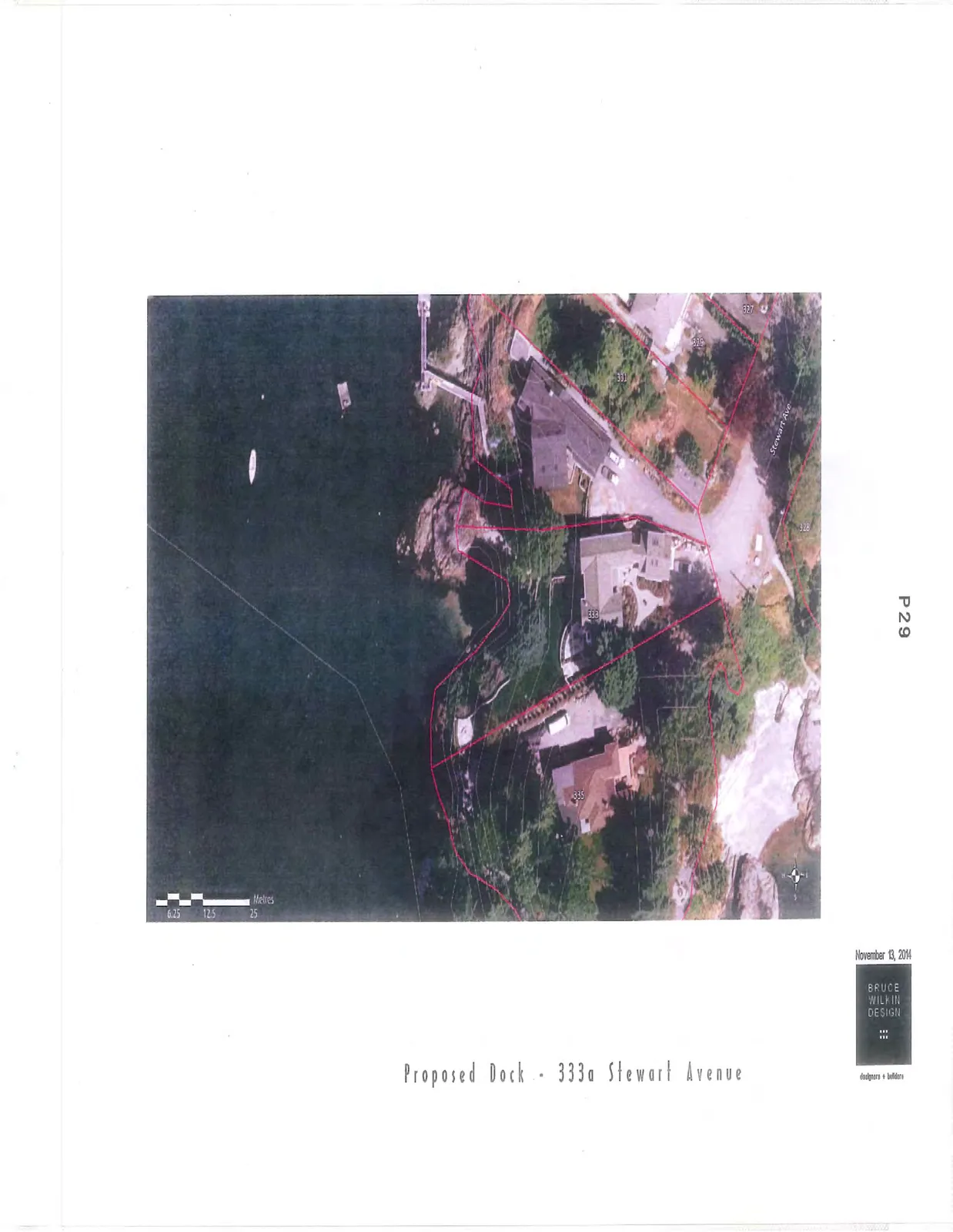 Aerial site plan showing property boundaries and proposed dock location at 333a Stewart Avenue