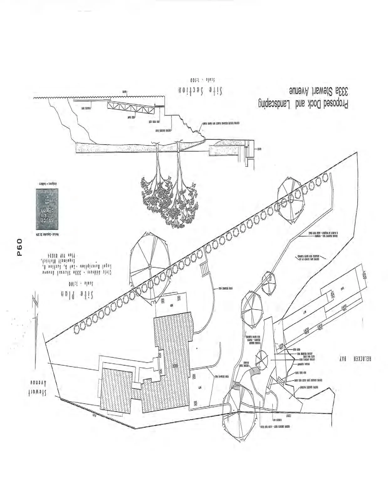 Technical drawing including a detailed site plan and a site section for a proposed dock and landscaping project at 333a Stewart Avenue.