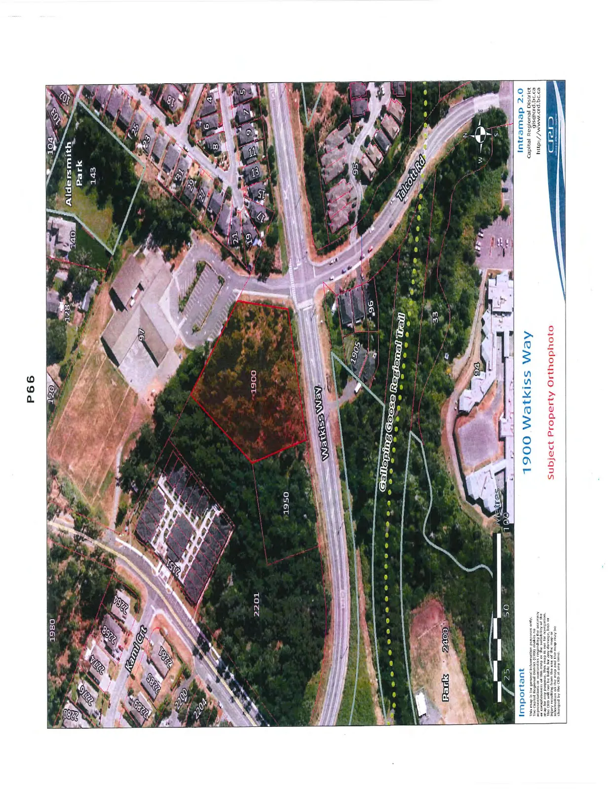 Aerial orthophoto showing the subject property at 1900 Watkiss Way outlined in red. The map details surrounding parcels, roads including Watkiss Way, Talcott Rd, and Kami Crt, as well as Aldersmith Park and the Galloping Goose Regional Trail.
