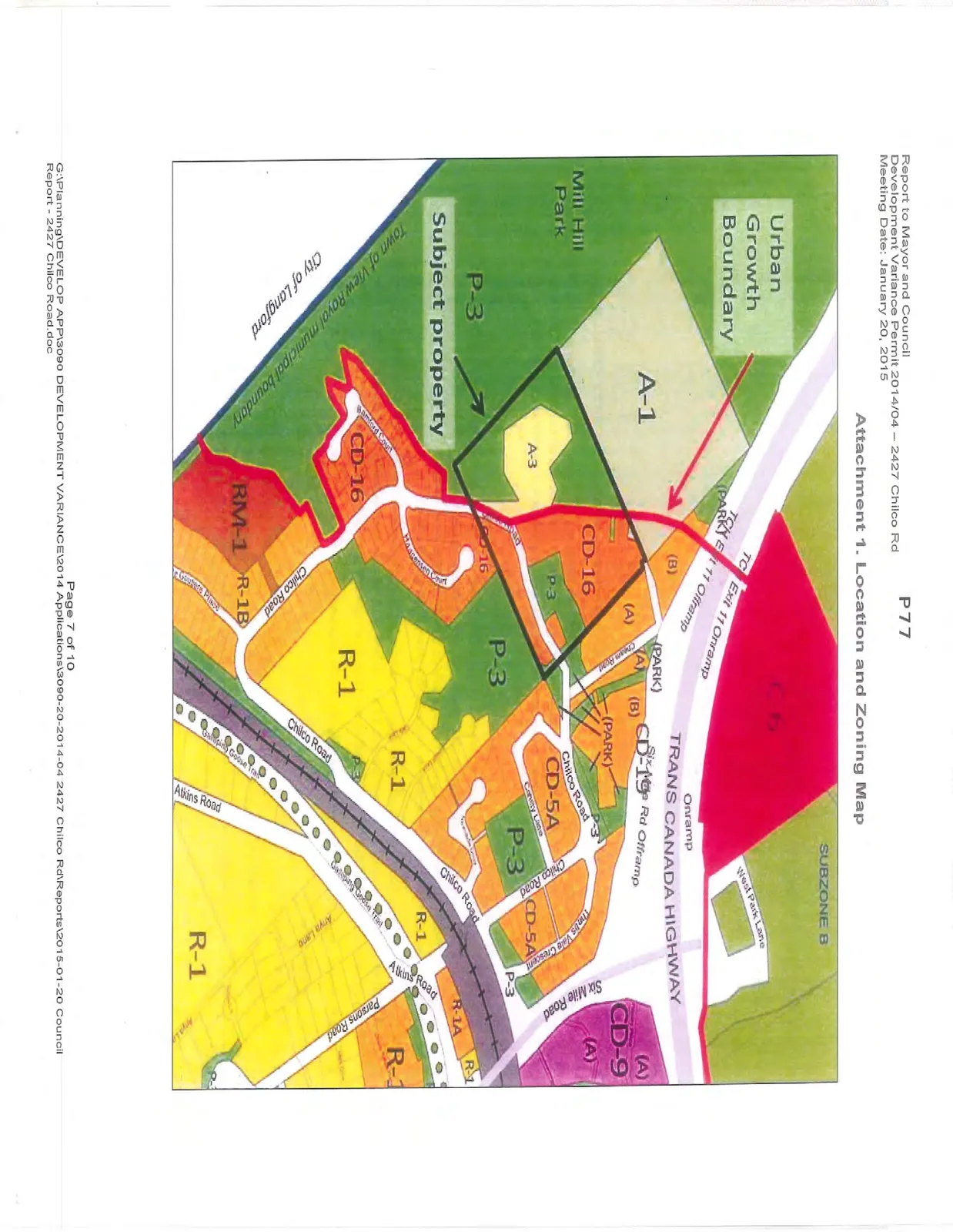 Location and zoning map for 2427 Chilco Rd showing the subject property, Urban Growth Boundary, Mill Hill Park, and various zoning designations including CD-16, P-3, A-1, CD-5A, and R-1 in relation to the Trans Canada Highway.
